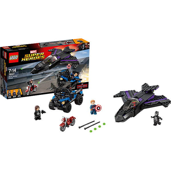 LEGO Super Heroes 76047: Преследование Чёрной Пантеры LEGO Super Heroes 76047: Преследование Чёрной ПантерыКонструкторы Лего<br>Открой огонь по Зимнему солдату, мчащемуся на своем мотоцикле, из оружия на реактивном самолете. Вступай в высокотехнологичный бой вместе с Капитаном Америка. Начни огонь из пружинного пистолета и отбрось щит Капитана Америка в воздух!<br><br>LEGO Super Heroes (ЛЕГО Супер Герои) - серия конструкторов созданная специально по мотивам всеми известных комиксов. Спасай мир и борись со злом вместе с любимыми супергероями! Наборы серии можно комбинировать между собой, давая безграничные просторы для фантазии и придумывая свои новые истории. <br><br>Дополнительная информация:<br><br>- Конструкторы ЛЕГО развивают усидчивость, внимание, фантазию и мелкую моторику. <br>- 3 минифигурки в комплекте: <br>- В комплекте 3 минифигурки, аксессуары, джип, самолет, байк. <br>- Колеса машины вращаются.<br>- Количество деталей: 287.<br>- Серия ЛЕГО Супер Герои (LEGO Super Heroes).<br>- Материал: пластик.<br>- Размер упаковки: 35,4х7х19 см.<br>- Вес: 0.535 кг.<br><br>Конструктор LEGO Super Heroes 76047: Преследование Чёрной Пантеры можно купить в нашем магазине.<br><br>Ширина мм: 355<br>Глубина мм: 190<br>Высота мм: 73<br>Вес г: 527<br>Возраст от месяцев: 84<br>Возраст до месяцев: 168<br>Пол: Мужской<br>Возраст: Детский<br>SKU: 4259157