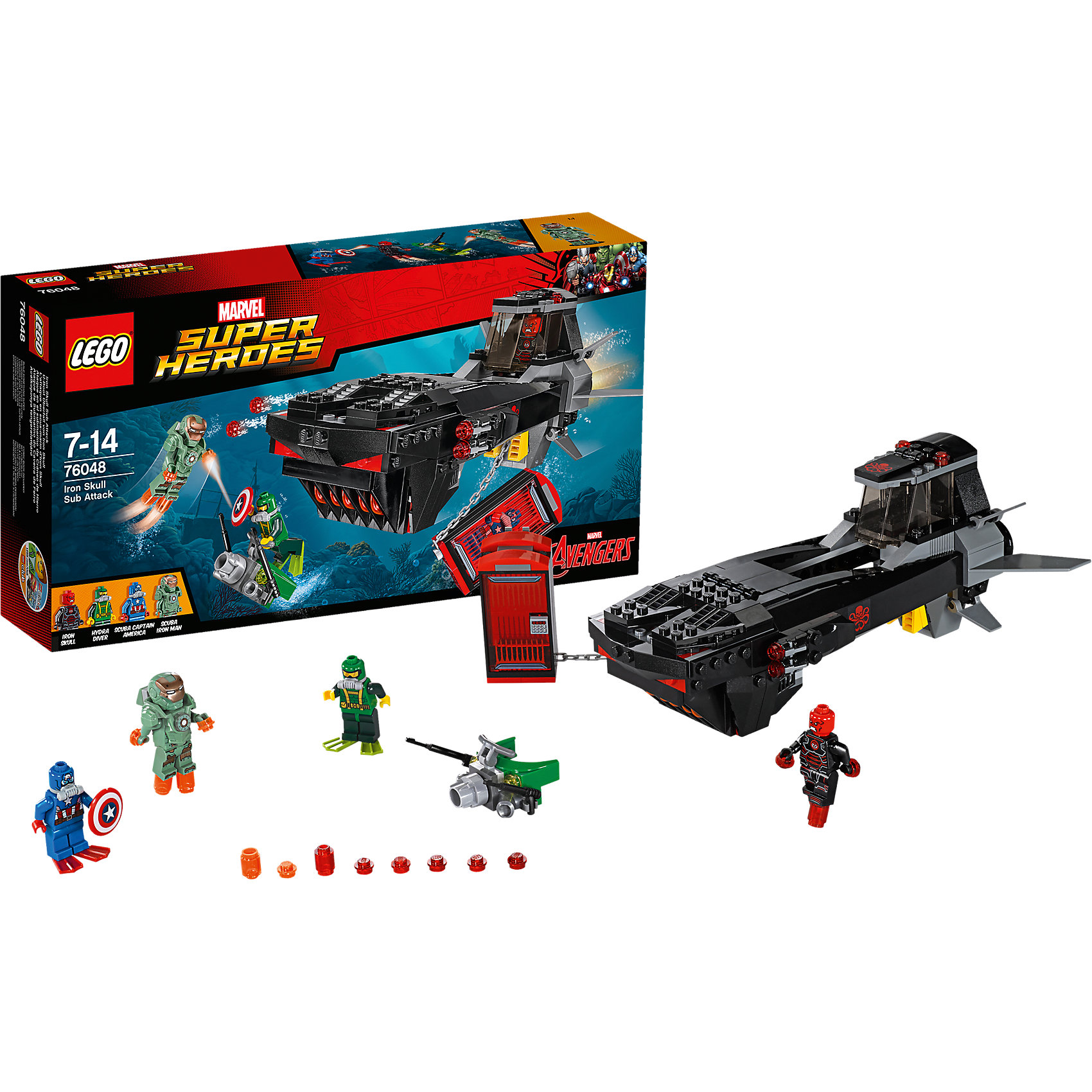 LEGO Super Heroes 76048: Похищение Капитана Америка LEGO Super Heroes 76048: Похищение Капитана АмерикаЖелезный череп поймал Капитана Америка в ловушку на своей удивительной подводной лодке! Погрузись глубоко под воду вместе с Железным человеком в костюме водолаза, чтобы спасти одного из Мстителей. Отражай атаки Гидры и уворачивайся от выстрелов из шутеров подлодки. Затем встреться лицом к лицу с Железным черепом и срази его, чтобы освободить Капитана Америка!<br><br>LEGO Super Heroes (ЛЕГО Супер Герои) - серия конструкторов созданная специально по мотивам всеми известных комиксов. Спасай мир и борись со злом вместе с любимыми супергероями! Наборы серии можно комбинировать между собой, давая безграничные просторы для фантазии и придумывая свои новые истории. <br><br>Дополнительная информация:<br><br>- Конструкторы ЛЕГО развивают усидчивость, внимание, фантазию и мелкую моторику. <br>- 4 минифигурки в комплекте, Железный Человек, Железный Череп, Капитан Америка, Гидра. <br>- В комплекте 4 минифигурки, аксессуары, подводная лодка с клеткой. <br>- Количество деталей: 335.<br>- Серия ЛЕГО Супер Герои (LEGO Super Heroes).<br>- Материал: пластик.<br>- Размер упаковки: 35,4х7х19 см.<br>- Вес: 0.54 кг.<br><br>Конструктор LEGO Super Heroes 76048: Похищение Капитана Америка можно купить в нашем магазине.<br><br>Ширина мм: 355<br>Глубина мм: 192<br>Высота мм: 73<br>Вес г: 540<br>Возраст от месяцев: 84<br>Возраст до месяцев: 168<br>Пол: Мужской<br>Возраст: Детский<br>SKU: 4259158
