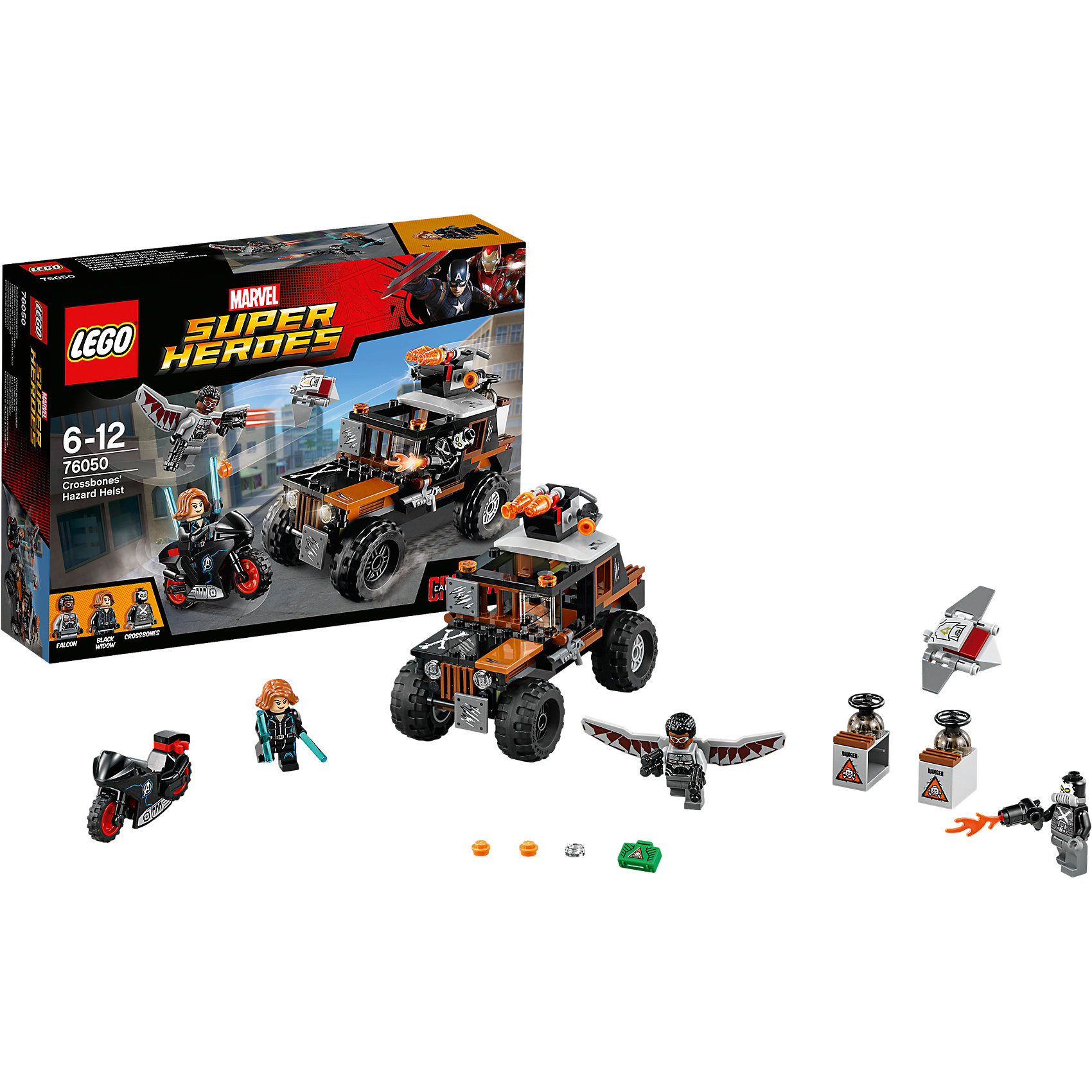 LEGO Super Heroes 76050: Опасное ограбление LEGO Super Heroes 76050: Опасное ограблениеПластмассовые конструкторы<br>Злодей Кроссбоунс украл опасное ядовитое вещество и спрятал его в контейнере грузовика. Объединись с Чёрной Вдовой и Фальконом, чтобы остановить его. Устрой погоню на байке Чёрной Вдовы, с помощью её жезла ты сможешь отражать удары пушки, установленной на грузовике. Вступи в сражение с Фальконом и отсоедини дрона Редвинга. Взорви контейнер, прикрепи сумку к дрону и верни его обратно в целости и сохранности!<br><br>LEGO Super Heroes (ЛЕГО Супер Герои) - серия конструкторов созданная специально по мотивам всеми известных комиксов. Спасай мир и борись со злом вместе с любимыми супергероями! Наборы серии можно комбинировать между собой, давая безграничные просторы для фантазии и придумывая свои новые истории. <br><br>Дополнительная информация:<br><br>- Конструкторы ЛЕГО развивают усидчивость, внимание, фантазию и мелкую моторику. <br>- 3 минифигурки в комплекте: Черная Вдова, Фалькон, Кроссбоунс.<br>- В комплекте 3 минифигурки, аксессуары, байк, грузовик, пушка, контейнер, сумка.<br>- Колеса машины вращаются.<br>- Количество деталей: 179.<br>- Серия ЛЕГО Супер Герои (LEGO Super Heroes).<br>- Материал: пластик.<br>- Размер упаковки: 26х6х19 см.<br>- Вес: 0.345 кг.<br><br>Конструктор LEGO Super Heroes 76050: Опасное ограбление можно купить в нашем магазине.<br><br>Ширина мм: 265<br>Глубина мм: 192<br>Высота мм: 66<br>Вес г: 326<br>Возраст от месяцев: 72<br>Возраст до месяцев: 144<br>Пол: Мужской<br>Возраст: Детский<br>SKU: 4259160