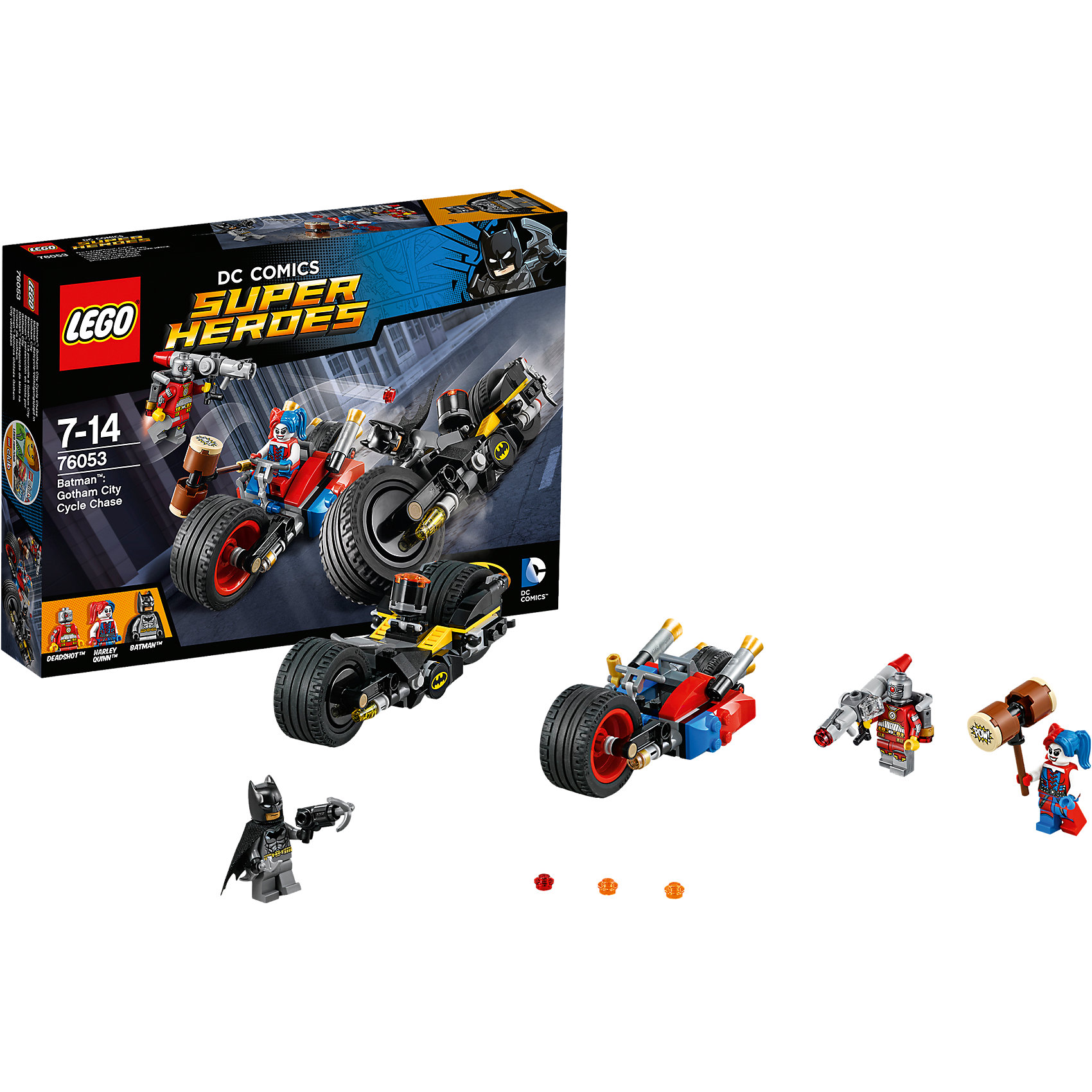LEGO Super Heroes 76053: Бэтман: Погоня на мотоциклах по Готэм-сити LEGO Super Heroes 76053: Бэтман: Погоня на мотоциклах по Готэм-ситиБэтмен<br>Дэдшот летает по городу на своем реактивном ранце и стреляет из базуки, ты должен выгнать его с помощью пушки Бэтмена! Поймай Харли и перенеси схватку на землю, используя Батаранг Бэтмена и его ружье с крюком. Но осторожно — Харли может прикрепить к мотоциклу большой молоток и отправить Бэтмена в полет!<br><br>LEGO Super Heroes (ЛЕГО Супер Герои) - серия конструкторов созданная специально по мотивам всеми известных комиксов. Спасай мир и борись со злом вместе с любимыми супергероями! Наборы серии можно комбинировать между собой, давая безграничные просторы для фантазии и придумывая свои новые истории. <br><br>Дополнительная информация:<br><br>- Конструкторы ЛЕГО развивают усидчивость, внимание, фантазию и мелкую моторику. <br>- 3 минифигурки в комплекте: Харли, Дэдшот, Харли.<br>- В комплекте 3 минифигурки, аксессуары, мотоциклы.<br>- Колеса мотоциклов вращаются.<br>- Количество деталей: 224.<br>- Серия ЛЕГО Супер Герои (LEGO Super Heroes).<br>- Материал: пластик.<br>- Размер упаковки: 26х4,6х19 см.<br>- Вес: 0.315 кг.<br><br>Конструктор LEGO Super Heroes 76053: Бэтмен: Погоня на мотоциклах по Готэм-сити можно купить в нашем магазине.<br><br>Ширина мм: 264<br>Глубина мм: 192<br>Высота мм: 53<br>Вес г: 315<br>Возраст от месяцев: 84<br>Возраст до месяцев: 168<br>Пол: Мужской<br>Возраст: Детский<br>SKU: 4259162