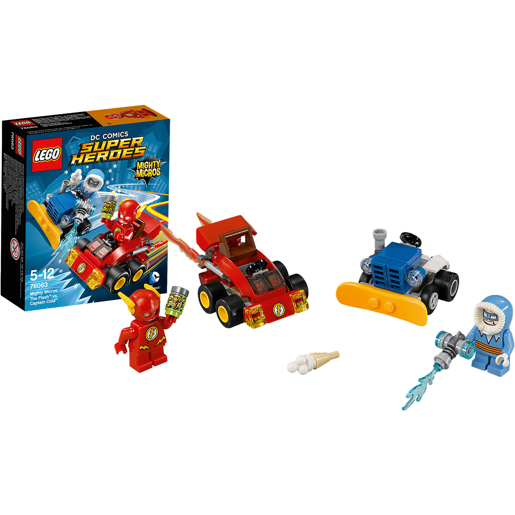 LEGO Super Heroes 76063: Флэш против Капитана Холода LEGO Super Heroes 76063: Флэш против Капитана ХолодаПластмассовые конструкторы<br>Выпей энергетического напитка и разгони машину Флэша до максимальной скорости. Но осторожно — Капитан Холод стреляет из своего замораживающего ружья, установленного на снегоочистительной машине, чтобы заморозить дорогу. Уворачивайся от льда и догоняй этого леденящего кровь злодея!<br><br>LEGO Super Heroes (ЛЕГО Супер Герои) - серия конструкторов созданная специально по мотивам всеми известных комиксов. Спасай мир и борись со злом вместе с любимыми супергероями! Наборы серии можно комбинировать между собой, давая безграничные просторы для фантазии и придумывая свои новые истории. <br><br>Дополнительная информация:<br><br>- Конструкторы ЛЕГО развивают усидчивость, внимание, фантазию и мелкую моторику. <br>- 2 минифигурки в комплекте: Флэш, Капитан Холод. <br>- В комплекте 2 минифигурки, машина Флэша, снегоочистительная машина Капитана Холод. <br>- Колеса машин вращаются.<br>- Количество деталей: 89.<br>- Серия ЛЕГО Супер Герои (LEGO Super Heroes).<br>- Материал: пластик.<br>- Размер упаковки: 14х4,6х12 см.<br>- Вес: 0.09 кг.<br><br>Конструктор LEGO Super Heroes 76063: Флэш против Капитана Холода купить в нашем магазине.<br><br>Ширина мм: 143<br>Глубина мм: 121<br>Высота мм: 48<br>Вес г: 81<br>Возраст от месяцев: 60<br>Возраст до месяцев: 144<br>Пол: Мужской<br>Возраст: Детский<br>SKU: 4259165