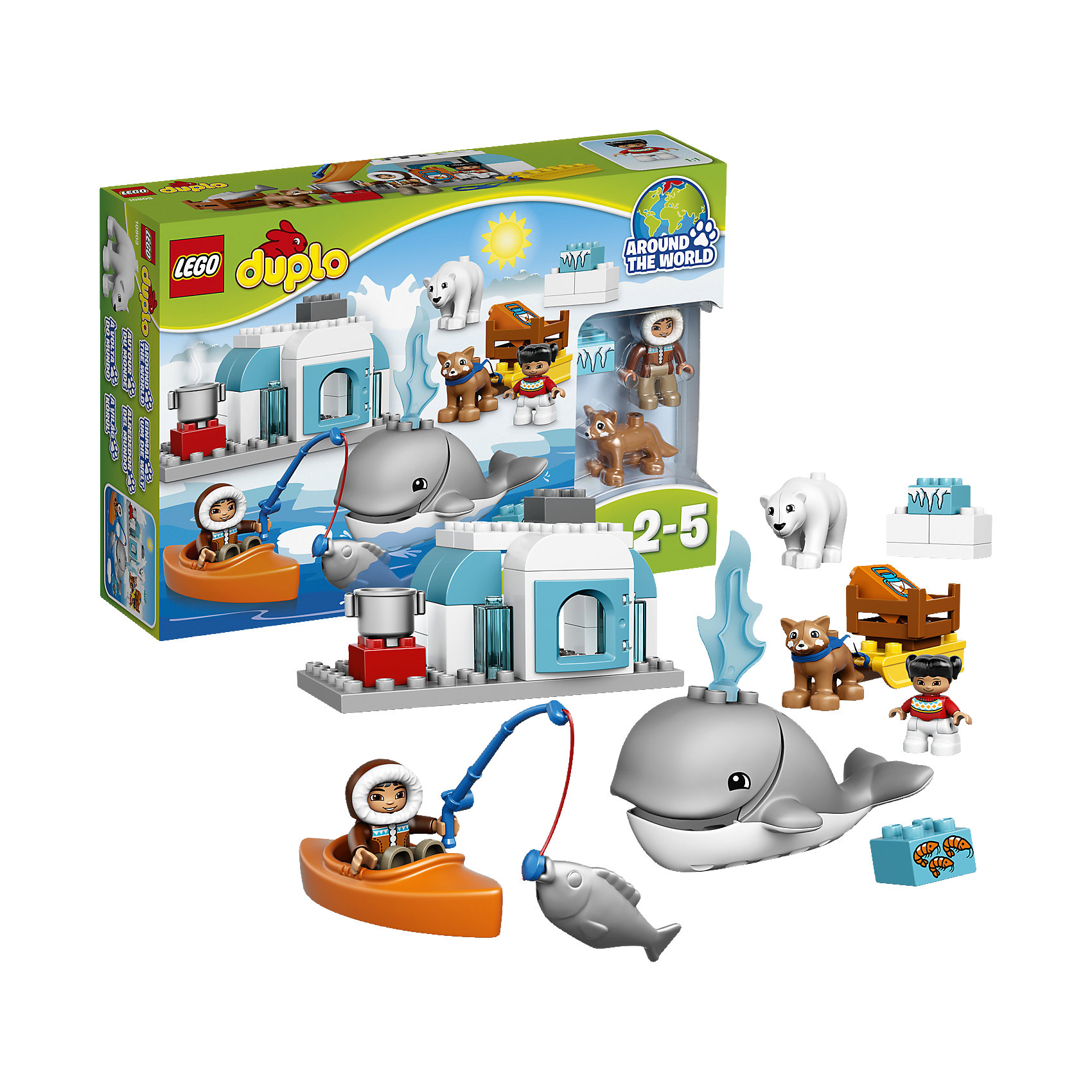 LEGO DUPLO 10803: Вокруг света: Арктика LEGO DUPLO 10803: Вокруг света: АрктикаКонструкторы для малышей<br>LEGO DUPLO (ЛЕГО Дупло) 10803: Вокруг света: Арктика непременно заинтересует любознательных малышей. Вашему ребенку предстоит отправиться в увлекательное путешествие в холодную Арктику и познакомиться с местными обитателями - симпатичным китом, полярным медведем и милой собачкой хаски. Собачья упряжка, байдарка и иглу обеспечат дух настоящего приключения в различных ролевых играх о жизни за Полярным кругом.<br><br>ЛЕГО Дупло - серия конструкторов для малышей, которую отличают крупные яркие детали со скругленными безопасными углами и многообразие игровых сюжетов, это и животные, и растения, и машинки, и сказочные персонажи. <br><br>Дополнительная информация:<br><br>- Игра с конструктором LEGO (ЛЕГО) развивает мелкую моторику ребенка, фантазию и воображение, учит его усидчивости и внимательности.<br>- Количество деталей: 40.<br>- Количество минифигур: 6 (эскимос, ребенок, собачка, кит, полярный медведь, рыбка).<br>- Серия: LEGO DUPLO (ЛЕГО Дупло). <br>- Материал: пластик.<br>- Размер упаковки: 26 х 9 х 19 см.<br>- Вес: 0,48 кг.<br><br>Конструктор LEGO DUPLO (ЛЕГО Дупло) 10803: Вокруг света: Арктика можно купить в нашем интернет-магазине.<br><br>Ширина мм: 384<br>Глубина мм: 261<br>Высота мм: 96<br>Вес г: 758<br>Возраст от месяцев: 24<br>Возраст до месяцев: 60<br>Пол: Унисекс<br>Возраст: Детский<br>SKU: 4259171