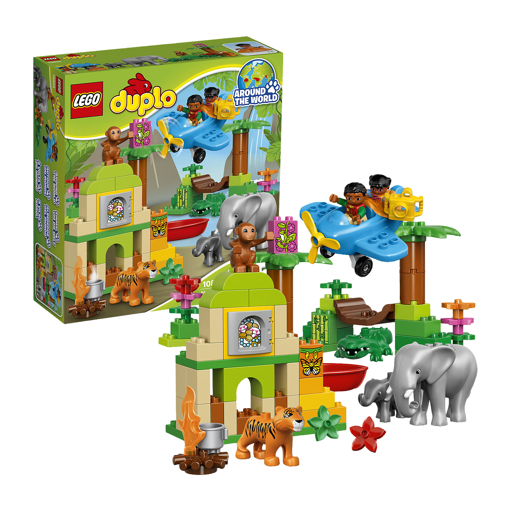 LEGO DUPLO 10804: Вокруг света: Азия LEGO DUPLO 10804: Вокруг света: АзияLEGO DUPLO (ЛЕГО Дупло) 10804: Вокруг света: Азия непременно заинтересует любознательных малышей. Вашему ребенку предстоит увлекательное путешествие по индийским джунглям. Садитесь в маленький самолет и отправляйтесь на поиски приключений, не забыв прихватить с собой фотоаппарат. Маленького исследователя ждут таинственные руины храма, поиски сокровищ и, конечно же, знакомство с местными обитателями - симпатичным слоном, милым слоненком, добродушным тигром, крокодилом и веселой обезьянкой. <br><br>ЛЕГО Дупло - серия конструкторов для малышей, которую отличают крупные яркие детали со скругленными безопасными углами и многообразие игровых сюжетов, это и животные, и растения, и машинки, и сказочные персонажи. <br><br>Дополнительная информация:<br><br>- Игра с конструктором LEGO (ЛЕГО) развивает мелкую моторику ребенка, фантазию и воображение, учит его усидчивости и внимательности.<br>- Количество деталей: 86.<br>- Количество минифигур: 7 (2 человечка, слон, слоненок, тигр, обезьянка, крокодил).<br>- Серия: LEGO DUPLO (ЛЕГО Дупло). <br>- Материал: пластик.<br>- Размер упаковки: 35 х 11 х 37,5 см.<br>- Вес: 1,3 кг.<br><br>Конструктор LEGO DUPLO (ЛЕГО Дупло) 10804: Вокруг света: Азия можно купить в нашем интернет-магазине.<br><br>Ширина мм: 377<br>Глубина мм: 353<br>Высота мм: 119<br>Вес г: 1352<br>Возраст от месяцев: 24<br>Возраст до месяцев: 60<br>Пол: Унисекс<br>Возраст: Детский<br>SKU: 4259172