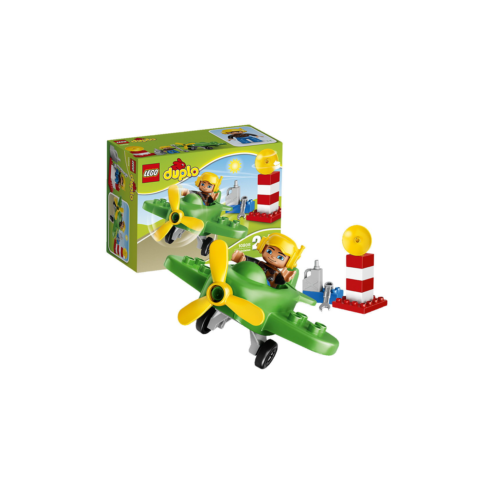 LEGO DUPLO 10808: Маленький самолёт LEGO DUPLO 10808: Маленький самолётКонструкторы для малышей<br>LEGO DUPLO (ЛЕГО Дупло) 10808: Маленький самолёт - увлекательный игровой набор, который станет замечательным подарком для Вашего малыша. Из ярких деталей он сможет самостоятельно собрать красочный самолет с пропеллером и отправиться на нем в увлекательное путешествие! Помогите пилоту проверить работу пропеллера и заправить самолет топливом. Получите разрешение на взлет с радарной вышки и выруливайте на взлётную полосу. В салон самолета можно посадить фигурку пилота с подвижными частями тела.<br><br>ЛЕГО Дупло - серия конструкторов для малышей, которую отличает крупные яркие детали со скругленными углами и многообразие игровых сюжетов, это и животные, и растения, и машинки, и сказочные персонажи. <br><br>Дополнительная информация:<br><br>- Игра с конструктором LEGO (ЛЕГО) развивает мелкую моторику ребенка, фантазию и воображение, учит его усидчивости и внимательности.<br>- Количество деталей: 13.<br>- Количество минифигур: 1 (пилот самолета).<br>- Серия: LEGO DUPLO (ЛЕГО Дупло). <br>- Материал: пластик.<br>- Размер упаковки: 19 х 9 х 14 см.<br>- Вес: 0,215 кг.<br><br>Конструктор LEGO DUPLO (ЛЕГО Дупло) 10808: Маленький самолёт можно купить в нашем интернет-магазине.<br><br>Ширина мм: 196<br>Глубина мм: 142<br>Высота мм: 93<br>Вес г: 233<br>Возраст от месяцев: 24<br>Возраст до месяцев: 60<br>Пол: Мужской<br>Возраст: Детский<br>SKU: 4259176