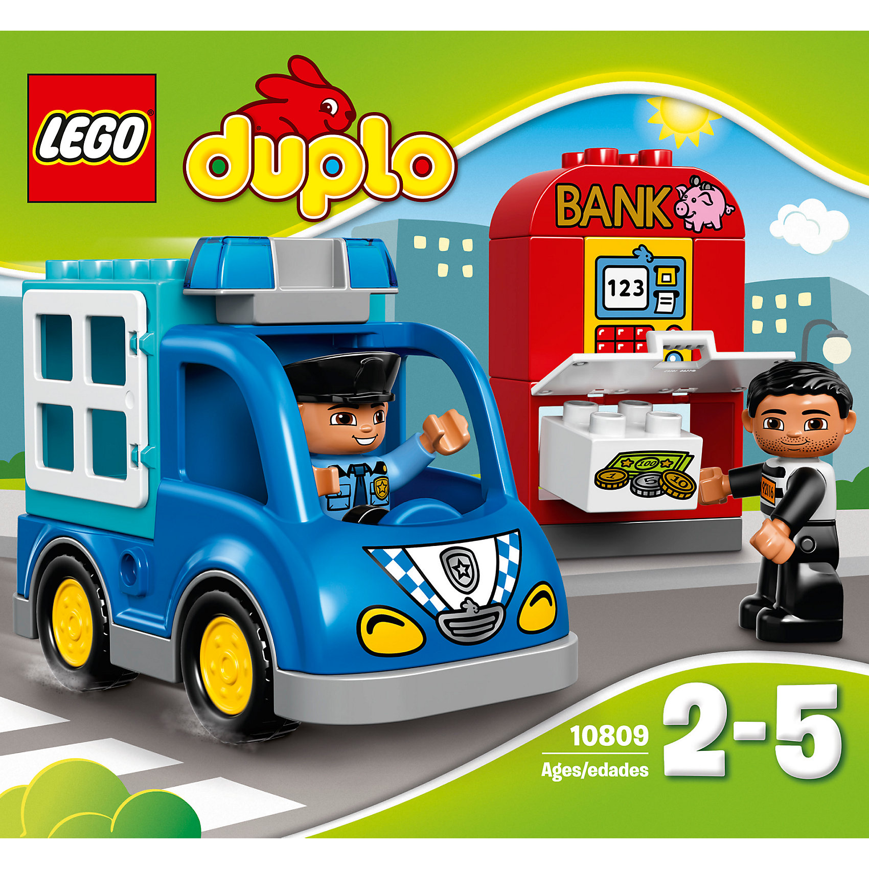 LEGO DUPLO 10809: Полицейский патруль LEGO DUPLO 10809: Полицейский патрульLEGO DUPLO (ЛЕГО Дупло) 10809: Полицейский патруль - увлекательный игровой набор, который станет замечательным подарком для Вашего малыша. Воришка совершил налет на банк и пытается унести все деньги. Предложите ребенку собрать синий полицейский фургон и отправляйтесь вместе с храбрым полицейским на место происшествия. Поймайте грабителя на месте преступления и заприте его в кузове фургона, чтобы он не сбежал.<br><br>ЛЕГО Дупло - серия конструкторов для малышей, которую отличает крупные яркие детали со скругленными углами и многообразие игровых сюжетов, это и животные, и растения, и машинки, и сказочные персонажи.<br><br>Дополнительная информация:<br><br>- Игра с конструктором LEGO (ЛЕГО) развивает мелкую моторику ребенка, фантазию и воображение, учит его усидчивости и внимательности.<br>- Количество деталей: 15.<br>- Количество минифигур: 2 (полицейский, грабитель).<br>- Серия: LEGO DUPLO (ЛЕГО Дупло). <br>- Материал: пластик.<br>- Размер упаковки: 20,5 х 9 х 19 см.<br>- Вес: 0,38 кг.<br><br>Конструктор LEGO DUPLO (ЛЕГО Дупло) 10809: Полицейский патруль можно купить в нашем интернет-магазине.<br><br>Ширина мм: 208<br>Глубина мм: 192<br>Высота мм: 99<br>Вес г: 363<br>Возраст от месяцев: 24<br>Возраст до месяцев: 60<br>Пол: Унисекс<br>Возраст: Детский<br>SKU: 4259177