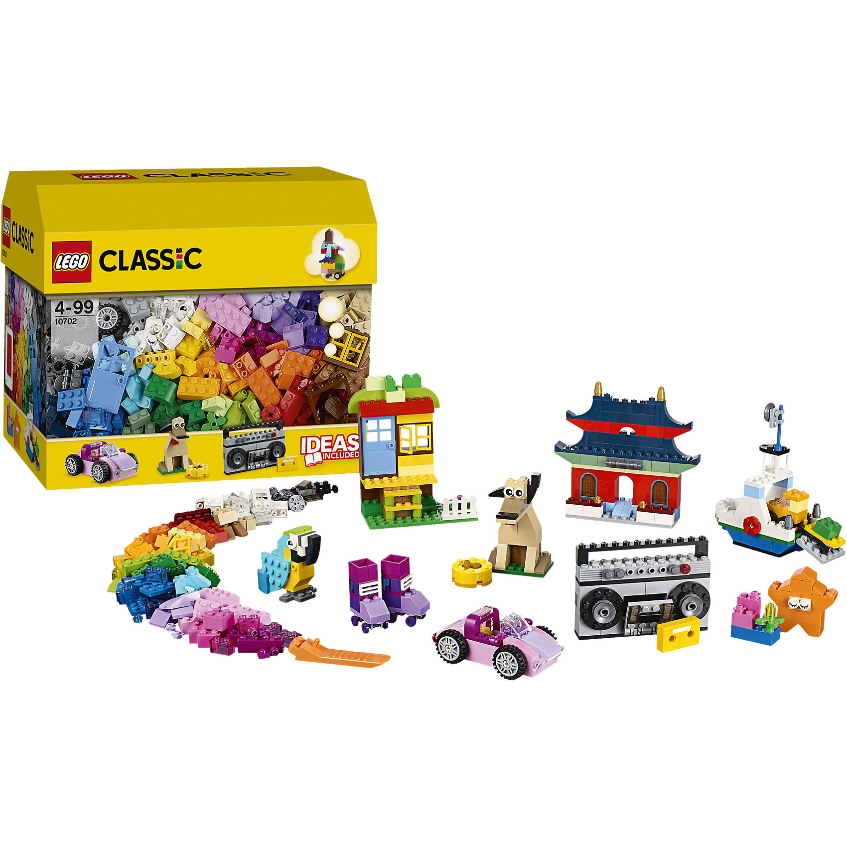 LEGO Classic 10702: Набор кубиков для свободного конструирования LEGO Classic 10702: Набор кубиков для свободного конструированияПластмассовые конструкторы<br>Используй воображение и с помощью коробки кубиков LEGO Classic, которая послужит для тебя источником вдохновения, создавай невероятные модели. Используй приложенные инструкции и скачивай дополнительные, которые послужат отправной точкой для реализации твоих идей! Дома, животные, машины и даже магнитофон - все это и многое другое ты сможешь собрать с помощью этого набора! <br><br>Наборы для творчества LEGO Classic (ЛЕГО классик) идеальны для начинающих строителей всех возрастов. Они также дополнят любую имеющуюся коллекцию LEGO. Набор упакован в удобную пластиковую коробку. <br><br>Дополнительная информация:<br><br>- Конструкторы ЛЕГО развивают усидчивость, внимание, фантазию и мелкую моторику. <br>- Материал: гипоаллергенный пластик. <br>- Комплектация: кубики. <br>- Количество деталей: 583 шт.<br>- Серия ЛЕГО Classic (ЛЕГО классик). <br>- Размер упаковки: 16х26х22 см.<br>- Вес: 0,84 кг.<br><br>LEGO Classic 10702: Набор кубиков для свободного конструирования можно купить в нашем магазине.<br><br>Ширина мм: 267<br>Глубина мм: 165<br>Высота мм: 226<br>Вес г: 821<br>Возраст от месяцев: 48<br>Возраст до месяцев: 168<br>Пол: Унисекс<br>Возраст: Детский<br>SKU: 4259179