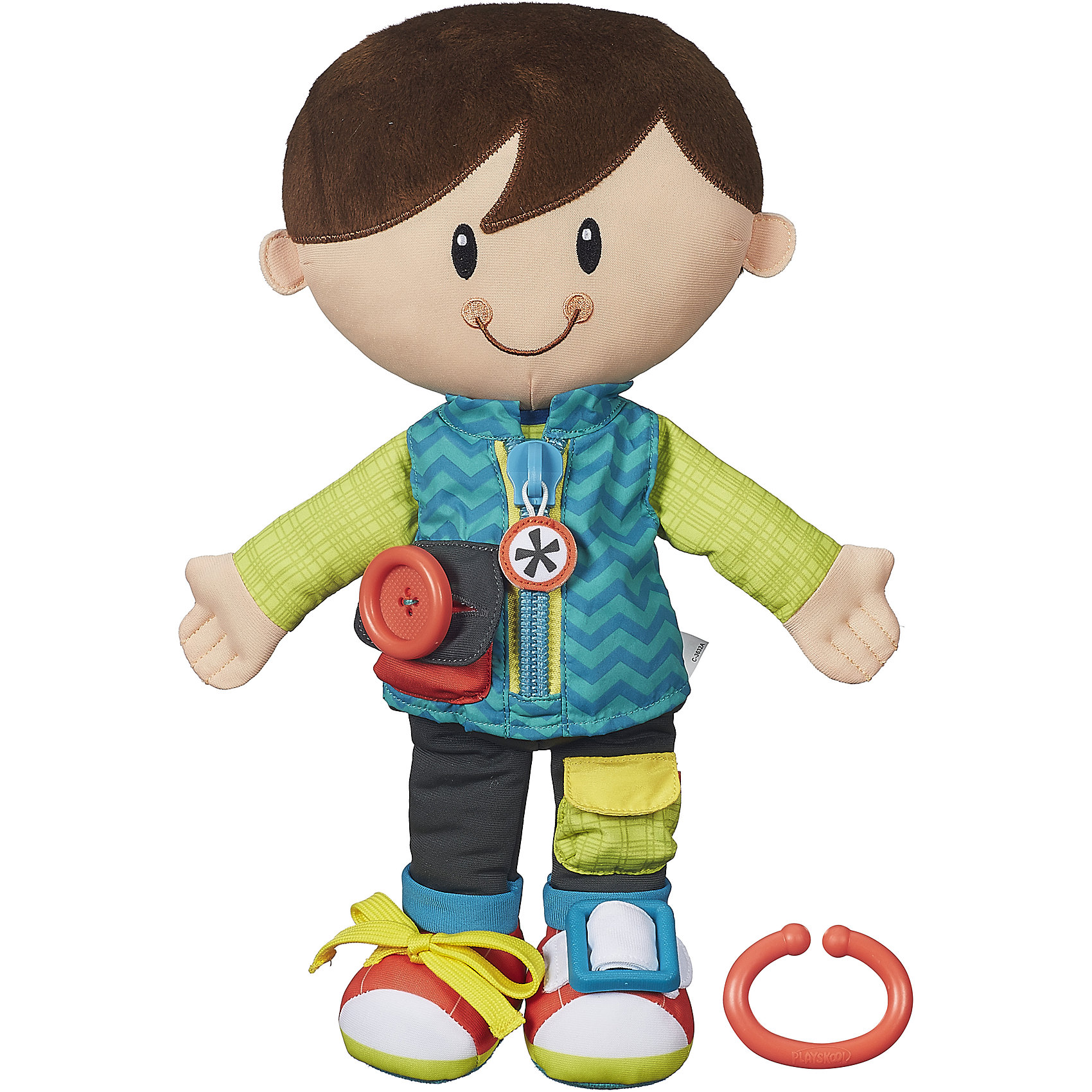Одень друга и возьми с собой, мальчик, PLAYSKOOL Одень друга и возьми с собой, мальчик, PLAYSKOOLПодвески<br>Одень друга и возьми с собой, мальчик, PLAYSKOOL (ПЛЕЙСКУЛ) – эта игрушка научит малыша расстегивать и застегивать застежки на одежде.<br>Мягкая плюшевая кукла-мальчик создана специально для малышей. Она сшита из мягкого и приятного на ощупь материала. У куклы фетровые волосы темного цвета, а также набивные ручки, ножки и тельце. Её яркий и приветливый дизайн сразу привлечёт детское внимание. На одежде куклы 5 видов застежек: молния, пряжка, пуговица, липучка и узелок. Ребенок может застёгивать и расстёгивать их, изучая застежки, которые используются для обычной одежды. Размер всех застежек идеально подходит для маленьких ручек. В комплект входит пластмассовый крючок, с помощью которого куклу можно легко повесить на сумку или коляску. Игрушка развивает мелкую моторику.<br><br>Дополнительная информация:<br><br>- Количество видов застежек: 5<br>- Виды застежек: молния, пряжка, пуговица, липучка, узелок<br>- Материал: плюш, текстиль, пластмасса<br>- Размер упаковки: 24 х 10 х 37 см.<br><br>Развивающую игрушку Одень друга и возьми с собой, мальчика, PLAYSKOOL (ПЛЕЙСКУЛ) можно купить в нашем интернет-магазине.<br><br>Ширина мм: 371<br>Глубина мм: 248<br>Высота мм: 106<br>Вес г: 356<br>Возраст от месяцев: 24<br>Возраст до месяцев: 48<br>Пол: Мужской<br>Возраст: Детский<br>SKU: 4261590