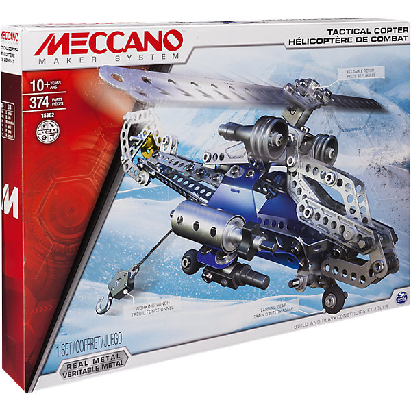 Боевой вертолёт (2 модели), Meccano Боевой вертолёт (2 модели), MeccanoПластмассовые конструкторы<br>Боевой вертолёт из серии Meccano Elite относится к конструкторам высокой сложности, с функциональными элементами, системой радиоуправления, световыми элементами и т.д. У боевого вертолёта вращаются лопасти винта, выдвигается шасси, с правого борта установлена настоящая лебёдка. Когда ребёнку надоест играть в него, он сможет собрать спортивный планер. Инструкция по сборке и все необходимые инструменты входят в комплект. Все детали конструктора отлиты из высококачественного сплава, на них отсутствуют острые грани и шероховатости.<br><br>Дополнительная информация:<br><br>- Материал: металл, пластик.<br>- Набор состоит из 280 деталей.<br>- Лопасти винта вращаются.<br>- Лебедка.<br>- Шасси выдвигаются.<br>- Размер упаковки: 40 х 6 х 30 см.<br><br>Боевой вертолёт (2 модели), Meccano (Меккано), можно купить в нашем магазине.<br><br>Ширина мм: 406<br>Глубина мм: 302<br>Высота мм: 68<br>Вес г: 741<br>Возраст от месяцев: 120<br>Возраст до месяцев: 192<br>Пол: Мужской<br>Возраст: Детский<br>SKU: 4278442