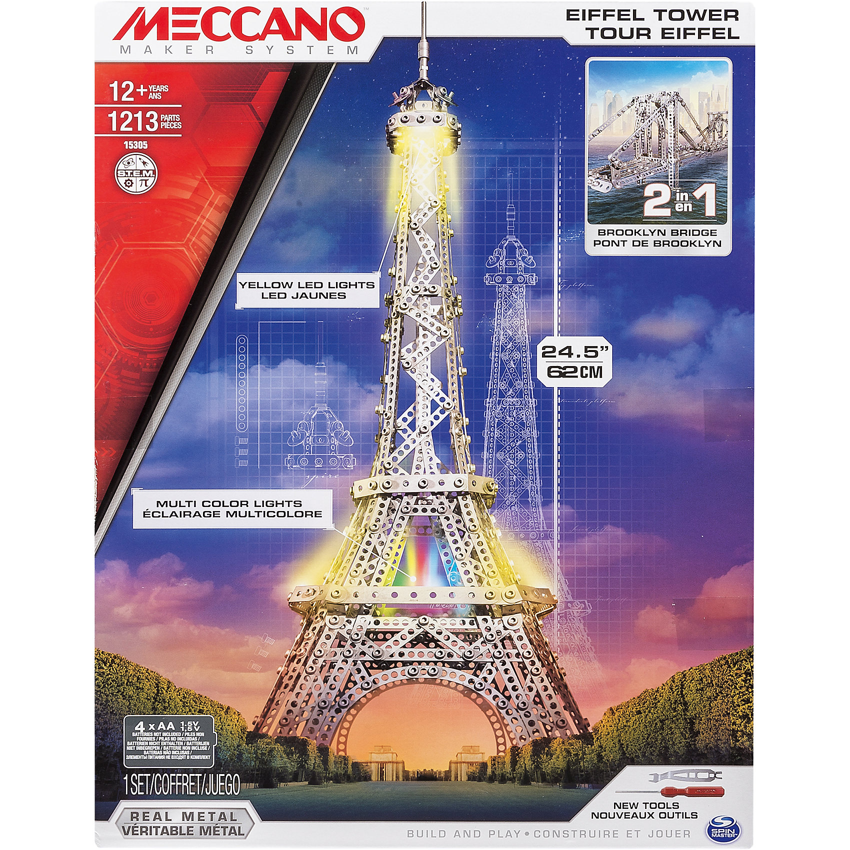 Эйфелева башня (2 модели), Meccano Эйфелева башня (2 модели), MeccanoМеталлические конструкторы<br>Из этого конструкторского набора можно собрать, как основную модель - Эйфелеву башню, так и дополнительную - Бруклинский мост. Конструктор состоит из 1 563 деталей. Башня имеет высокую детализацию, представляя собой уменьшенную копию оригинала. Образ дополняет программируемая подсветка. Конструктор Meccano увлекает не только сборкой, но и последующей эксплуатацией и игрой с ним, благодаря возможности конструировать огромное разнообразие моделей и богатому функционалу. Каждый конструктор имеет набор необходимых инструментов, удобных в использовании, и подробную инструкцию, разработанную таким образом, чтобы он была максимально понятна для детей.<br><br>Дополнительная информация:<br><br>- Материал: металл.<br>- Размер упаковки: 30х40х7 см.<br>- Размер Эйфелевой башни: 19x19x62 см.<br>- Размер моста: 28x10x15 см.<br>- Количество деталей: 1563.<br>- Элемент питания: 4 АА батарейки.<br><br>Эйфелева башня (2 модели), Meccano (Меккано), можно купить в нашем магазине.<br><br>Ширина мм: 223<br>Глубина мм: 211<br>Высота мм: 85<br>Вес г: 146<br>Возраст от месяцев: 120<br>Возраст до месяцев: 192<br>Пол: Мужской<br>Возраст: Детский<br>SKU: 4278449