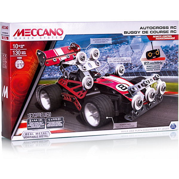 Гоночная машина (2 модели), на радиоуправлении, Meccano Гоночная машина (2 модели), на радиоуправлении, MeccanoМеталлические конструкторы<br>Этот набор конструктора Meccano содержит всё необходимое для сборки одной из двух моделей автомобилей на радиоуправлении: раллийной машины или спорткара. Конструкторы Meccano помогают развить в ребёнке фантазию, инженерное мышление и познакомить его с принципами работы простейших механизмов. <br><br>Дополнительная информация:<br><br>- Материал: пластик, металл.<br>- 2 модели<br>- Размер упаковки: 14х25х7 см.<br>- Количество деталей: 130<br>- Комплектация: отвертка, гаечный ключ, детали конструктора, наклейки, инструкция, пульт ДУ.<br>- Элемент питания: батарейки (не входят в комплект).<br><br>Гоночную машину (2 модели), на радиоуправлении, Meccano (Меккано), можно купить в нашем магазине.<br><br>Ширина мм: 140<br>Глубина мм: 250<br>Высота мм: 70<br>Вес г: 928<br>Возраст от месяцев: 120<br>Возраст до месяцев: 192<br>Пол: Мужской<br>Возраст: Детский<br>SKU: 4278452