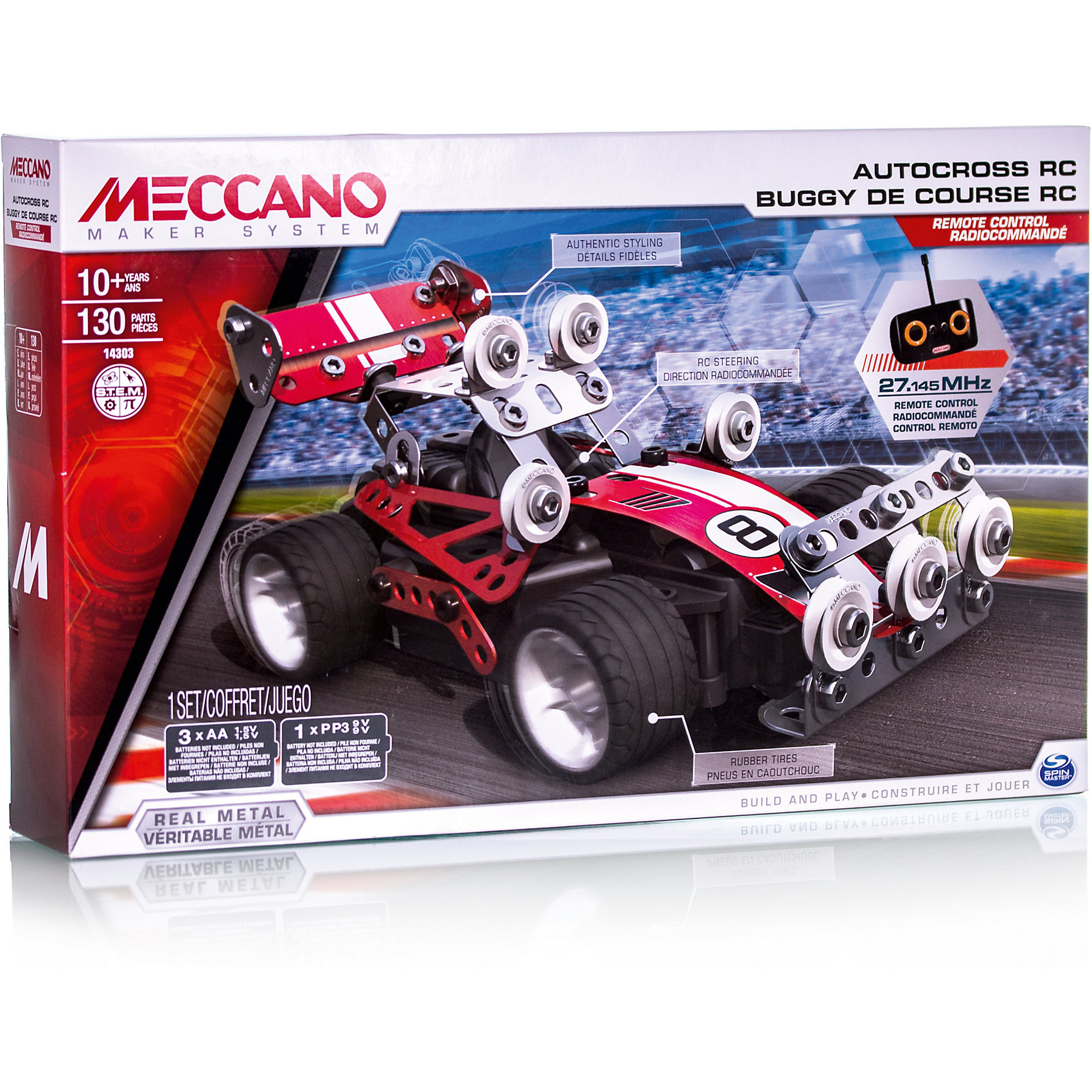 Гоночная машина (2 модели), на радиоуправлении, Meccano Гоночная машина (2 модели), на радиоуправлении, MeccanoМеталлические конструкторы<br>Этот набор конструктора Meccano содержит всё необходимое для сборки одной из двух моделей автомобилей на радиоуправлении: раллийной машины или спорткара. Конструкторы Meccano помогают развить в ребёнке фантазию, инженерное мышление и познакомить его с принципами работы простейших механизмов. <br><br>Дополнительная информация:<br><br>- Материал: пластик, металл.<br>- 2 модели<br>- Размер упаковки: 14х25х7 см.<br>- Количество деталей: 130<br>- Комплектация: отвертка, гаечный ключ, детали конструктора, наклейки, инструкция, пульт ДУ.<br>- Элемент питания: батарейки (не входят в комплект).<br><br>Гоночную машину (2 модели), на радиоуправлении, Meccano (Меккано), можно купить в нашем магазине.<br><br>Ширина мм: 140<br>Глубина мм: 250<br>Высота мм: 70<br>Вес г: 928<br>Возраст от месяцев: 120<br>Возраст до месяцев: 192<br>Пол: Мужской<br>Возраст: Детский<br>SKU: 4278452