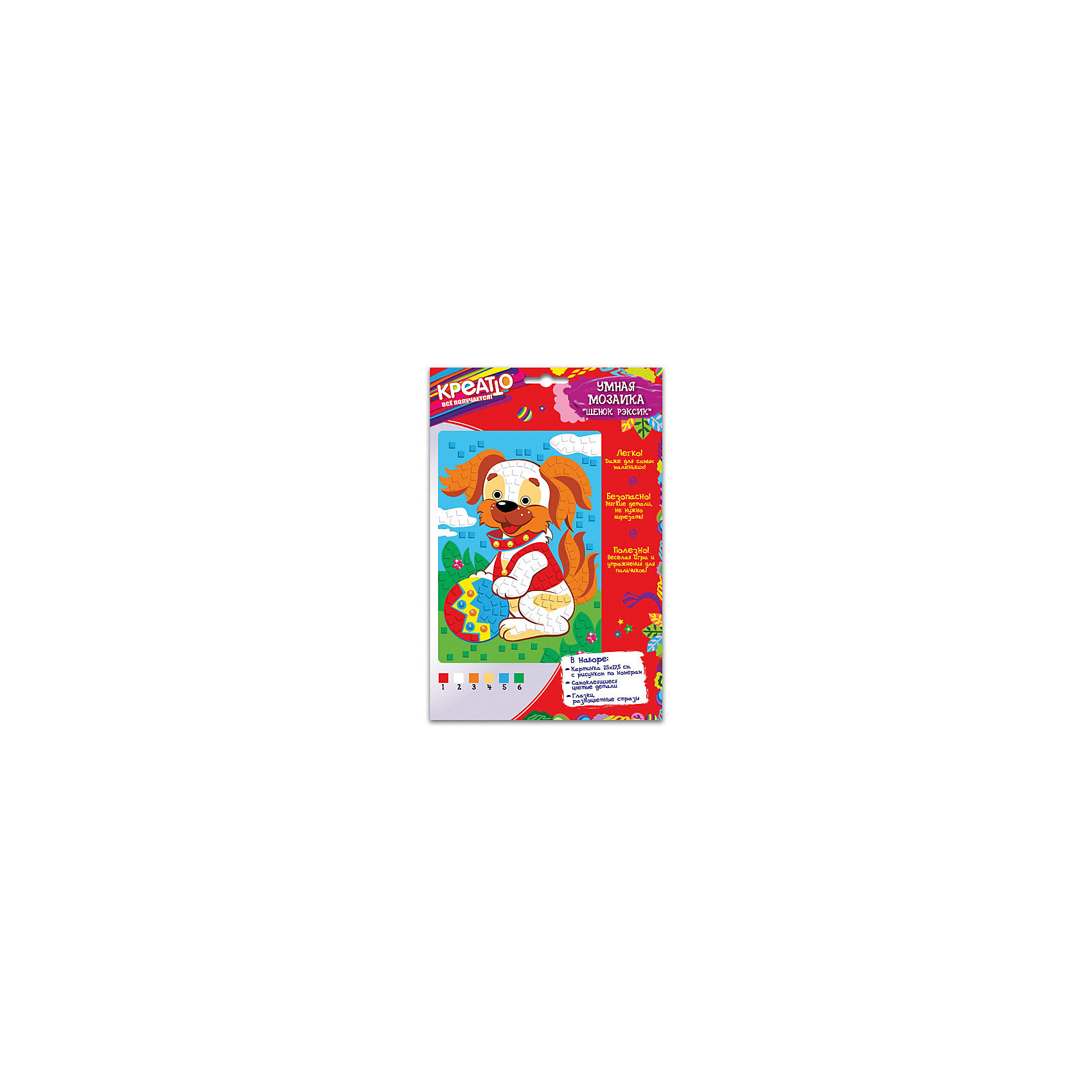 Умная мозаика Щенок Рэксик 25*17,5 см, Креатто Умная мозаика Щенок Рэксик 25*17,5 см, КреаттоМозаика<br>Создайте красивую картинку без ножниц и клея. С умной мозаикой «Щенок Рэксик» это легко и просто даже для малышей. Выдавливайте самоклеящиеся фрагменты мозаики из листа, снимайте с них защитный слой и вклеивайте их в контур рисунка: каждое число на картинке соответствует определенному цвету. Благодаря клеевому слою, детали из мягкого, приятного на ощупь материала, легко приклеиваются и прочно держатся. Украсьте картинку блестящими стразами. В результате у вас получится очаровательная объемная поделка, которую можно с гордостью поставить на самое видное место или подарить. Такая увлекательная работа отлично тренирует у ребенка мелкую моторику и координацию движений, развивает внимание, цветовосприятие, образное и пространственное мышление и, конечно, дарит множество положительных эмоций!<br><br>Дополнительная информация:<br><br>- Материал: ЭВА.<br>- Размер готовой картинки: 25х17,5 см.<br>- Комплектация: картинка с цветным рисунком по номерам, мягкие самоклеящиеся детали, пластмассовые глазки, разноцветные стразы.<br><br>Умную мозаику Щенок Рэксик 25х17,5 см, Креатто, можно купить в нашем магазине.<br><br>Ширина мм: 270<br>Глубина мм: 175<br>Высота мм: 15<br>Вес г: 59<br>Возраст от месяцев: 36<br>Возраст до месяцев: 72<br>Пол: Унисекс<br>Возраст: Детский<br>SKU: 4314876