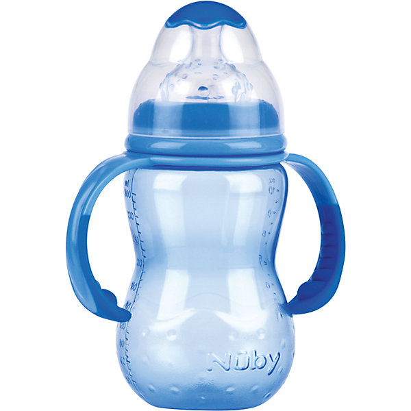 Бутылочка с широким горлом, Nuby, 300 мл., голубой Бутылочка с широким горлом, Nuby, 300 мл., голубойБутылочки и аксессуары<br>Бутылочки с широким горлом нетрудно наполнять и очищать. Форма такой бутылочки больше соответствует естественной форме материнской груди. Съемные ручки позволяют малышу самостоятельно держать бутылочку, если он хочет.<br>Специальная конструкция соски предотвращает вытекание жидкости. Соска помогает малышу привести скорость питья в соответствие с его индивидуальными потребностями. Чем активнее он пьет, тем больше жидкости поступает из бутылочки – совсем как при сосании материнской груди. Пупырышки соски мягко массируют десны малыша. <br>Материал: полипропилен, не содержит бисфенол A. <br>Соска: многоцелевая соска для бутылочки с широким горлом, силиконовая<br>Бутылочку с широким горлом 300 мл., Nuby можно купить в нашем интернет-магазине.<br><br>Ширина мм: 75<br>Глубина мм: 125<br>Высота мм: 270<br>Вес г: 130<br>Цвет: голубой<br>Возраст от месяцев: 9<br>Возраст до месяцев: 48<br>Пол: Мужской<br>Возраст: Детский<br>SKU: 4318200
