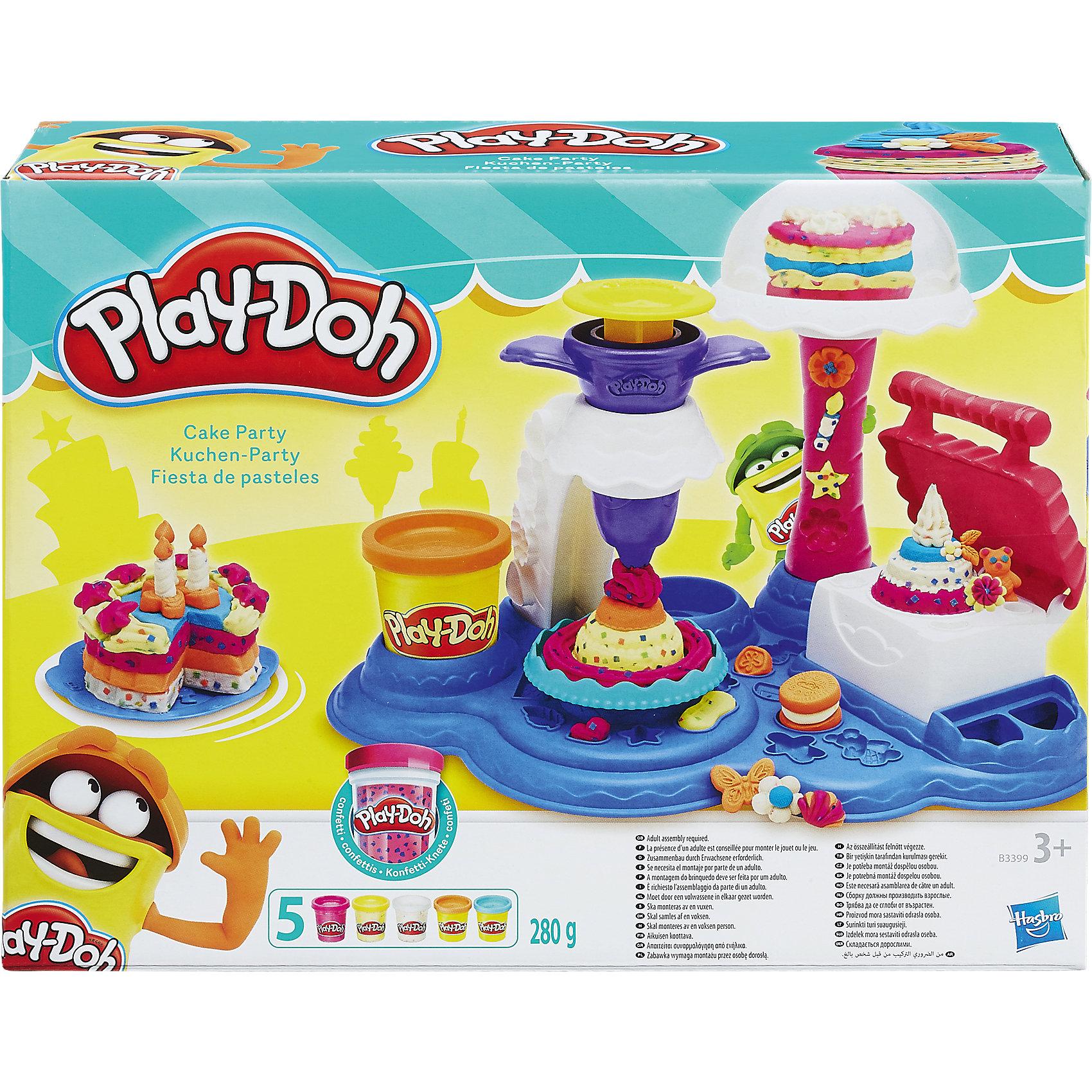 Игровой набор Сладкая вечеринка, Play-Doh Игровой набор Сладкая вечеринка, Play-DohЛепка<br>Игровой набор Play-Doh - это множество приспособлений и формочек, благодаря которым ваш ребенок сможет устроить свою сладкую вечеринку! Комплект предназначен для лепки тортов и пирожных, а какой именно у сладостей будет дизайн, зависит только от фантазии юного творца. <br>Пластилин Play-Doh - уникальный материал для детского творчества. Он не прилипает к рукам, окрашен безопасным красителем, быстро высыхает и не имеет запаха. Пластилин сделан на основе натуральных съедобных продуктов, поэтому даже если ребенок проглотит его, ничего страшного не случится. <br><br>Дополнительная информация:<br><br>- Материал: пластик, пластилин.<br>- Размер упаковки: 21,5х28,8х8 см.<br>- Комплектация: чудо-печка, подставка для угощений, экструдер, вилка, ножик, шпатель, резак и подносы, 5 баночек play-doh.<br><br>Игровой набор Сладкая вечеринка, Play-Doh (Плей До), можно купить в нашем магазине.<br><br>Ширина мм: 283<br>Глубина мм: 218<br>Высота мм: 81<br>Вес г: 821<br>Возраст от месяцев: 36<br>Возраст до месяцев: 72<br>Пол: Женский<br>Возраст: Детский<br>SKU: 4319032