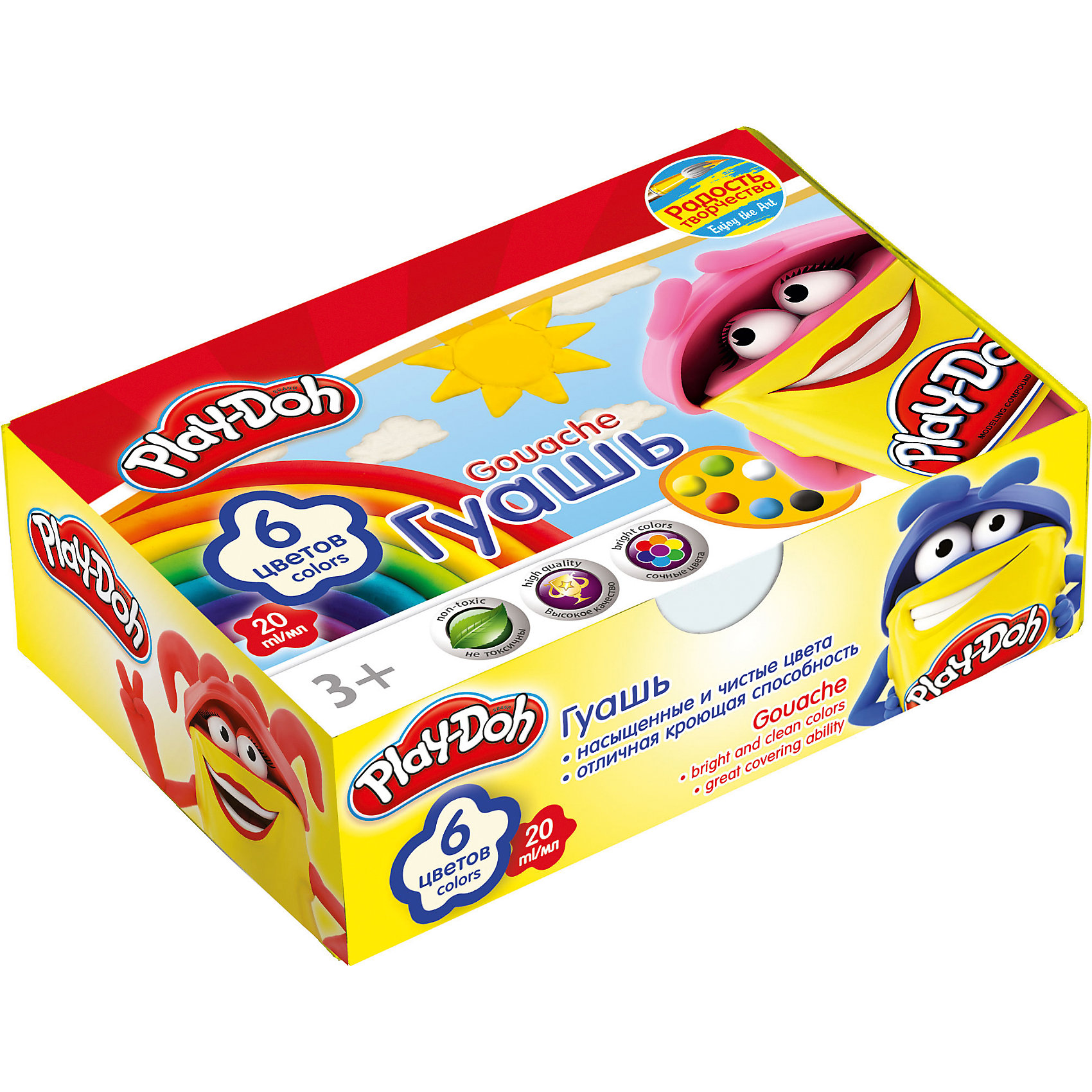 Гуашевые краски Play Doh, 6 цветов по 20 мл Гуашевые краски Play Doh, 6 цветов по 20 млPlay-Doh<br>Гуашь, упакованная в яркую коробочку - прекрасный вариант для детского творчества в школе, детском саду или дома. Позвольте вашему ребенку воплощать свои фантазии на бумаге, развивать воображение и образное мышление. <br><br>Дополнительная информация:<br><br>- Материал: краски, пластик, картон. <br>- Размер упаковки: 8х4х14 см.<br>- Количество цветов: 6 <br>- Объем баночки с краской: 20 мл.<br><br>Гуашевые краски Play Doh (Плей До), 6 цветов по 20 мл, можно купить в нашем магазине.<br><br>Ширина мм: 80<br>Глубина мм: 120<br>Высота мм: 38<br>Вес г: 139<br>Возраст от месяцев: 48<br>Возраст до месяцев: 84<br>Пол: Унисекс<br>Возраст: Детский<br>SKU: 4319948