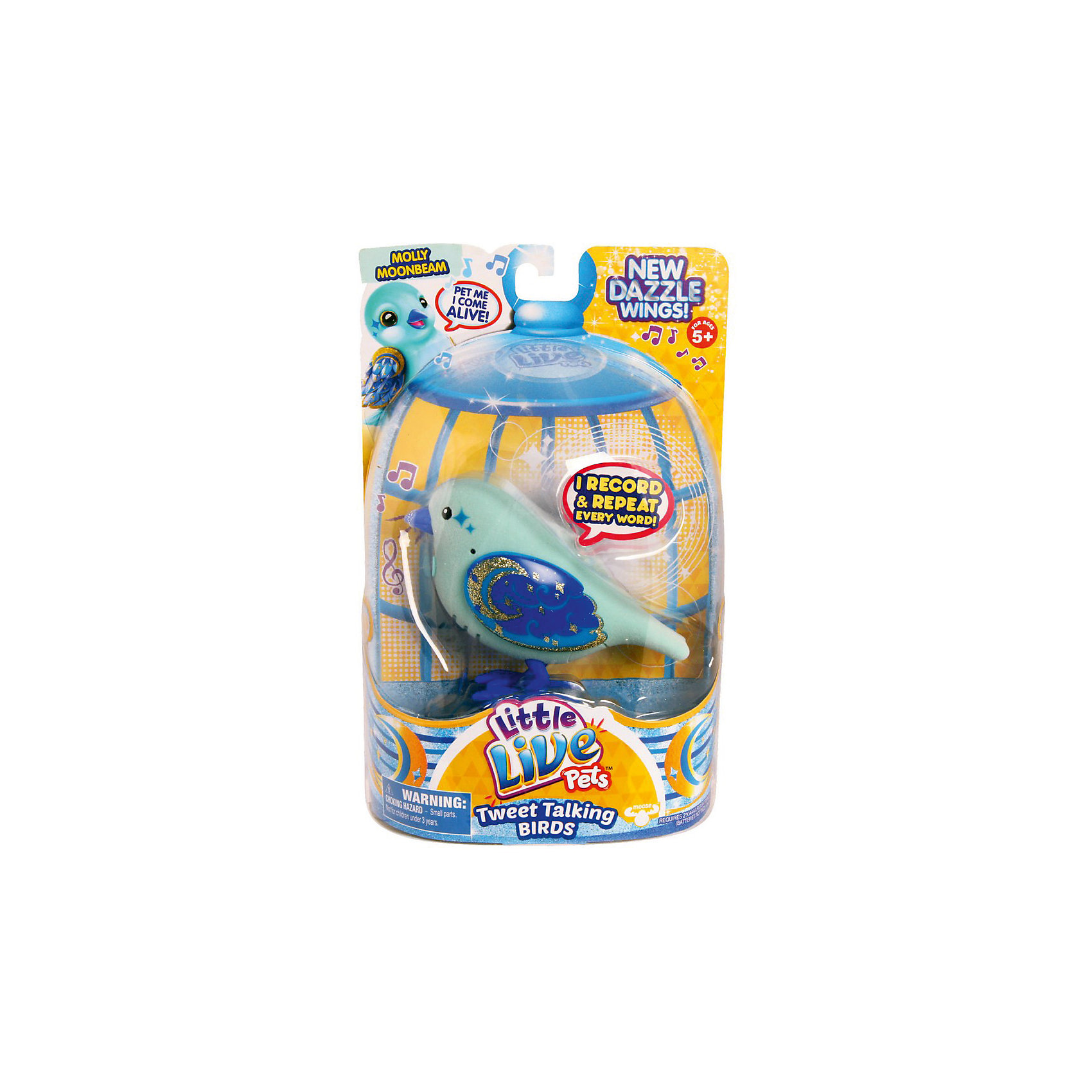 Говорящая птичка Molly Moonbeam, Little Live Pets, Moose Говорящая птичка Molly Moonbeam, Little Live Pets, MooseИнтерактивные животные<br>Говорящая птичка Molly Moonbeam, Little Live Pets, Moose – это интерактивная игрушка, которая вызовет восторг у вашего ребенка.<br>Молли Мунбим (Molly Moonbeam) — это говорящая птичка из четвертой серии Little Live Pets, разработанной австралийской компанией Moose . Птички стали более красивыми. Их крылья переливаются и блестят на солнце. Если погладить птичку по голове - она начнет весело чирикать. В арсенале птички порядка 30 мелодий. Кроме того, она способна запоминать короткие фразы и слова, и воспроизводить их на свой манер. Когда птичка щебечет или произносит слова, у нее двигается нижняя часть клювика. Все это делает игрушечную птичку похожей на настоящую. Окрас птички очень необычный. Туловище Молли светло-голубого цвета. На темно-синем фоне крылышек изображен золотой полумесяц со звездочками. Узор на крылышках мерцает при свете. Птичка легко помещается на ладошке ребенка. Ее всегда можно взять с собой на прогулку. Игрушка сделана из высококачественного безопасного пластика, сверху покрыта мягким и приятным на ощупь материалом - флоком.<br><br>Дополнительная информация:<br><br>- Игрушка рекомендована для детей в возрасте от 5 лет<br>- Цвет: голубой, синий, золотистый<br>- Материал: высококачественный пластик, флок<br>- Батарейки: 2 типа ААА (в комплект не входят)<br>- Размер упаковки: 14,1 x 5,7 x 22 см.<br><br>Говорящую птичку Molly Moonbeam, Little Live Pets, Moose можно купить в нашем интернет-магазине.<br><br>Ширина мм: 140<br>Глубина мм: 55<br>Высота мм: 220<br>Вес г: 960<br>Возраст от месяцев: 60<br>Возраст до месяцев: 108<br>Пол: Унисекс<br>Возраст: Детский<br>SKU: 4324831