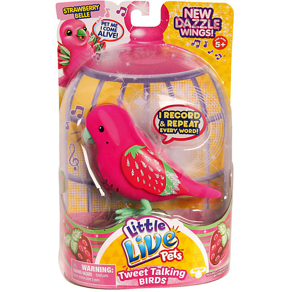 Говорящая птичка Strawberry Belle, Little Live Pets, Moose Говорящая птичка Strawberry Belle, Little Live Pets, MooseИнтерактивные животные<br>Говорящая птичка Strawberry Belle, Little Live Pets, Moose – это интерактивная игрушка, которая вызовет восторг у вашего ребенка.<br>Птичка-клубничка Белль — это говорящая птичка из четвертой серии Little Live Pets, разработанной австралийской компанией Moose . Птички стали более красивыми. Их крылья переливаются и блестят на солнце. Если погладить птичку по голове - она начнет весело чирикать. В арсенале птички порядка 30 мелодий. Кроме того, она способна запоминать короткие фразы и слова, и воспроизводить их на свой манер. Когда птичка щебечет или произносит слова, у нее двигается нижняя часть клювика. Все это делает игрушечную птичку похожей на настоящую. Окрас птички очень яркий и сочный. Туловище Белль малинового цвета. На крылышках нарисована спелая клубничка с зеленым лепестком. Узор на крылышках мерцает при свете. Птичка легко помещается на ладошке ребенка. Ее всегда можно взять с собой на прогулку. Игрушка сделана из высококачественного безопасного пластика, сверху покрыта мягким и приятным на ощупь материалом - флоком.<br><br>Дополнительная информация:<br><br>- Игрушка рекомендована для детей в возрасте от 5 лет<br>- Цвет: малиновый, красный, зеленый<br>- Материал: высококачественный пластик, флок<br>- Батарейки: 2 типа ААА (в комплект не входят)<br>- Размер упаковки: 14,1 x 5,7 x 22 см.<br><br>Говорящую птичку Strawberry Belle, Little Live Pets, Moose можно купить в нашем интернет-магазине.<br><br>Ширина мм: 140<br>Глубина мм: 55<br>Высота мм: 220<br>Вес г: 960<br>Возраст от месяцев: 60<br>Возраст до месяцев: 108<br>Пол: Унисекс<br>Возраст: Детский<br>SKU: 4324832