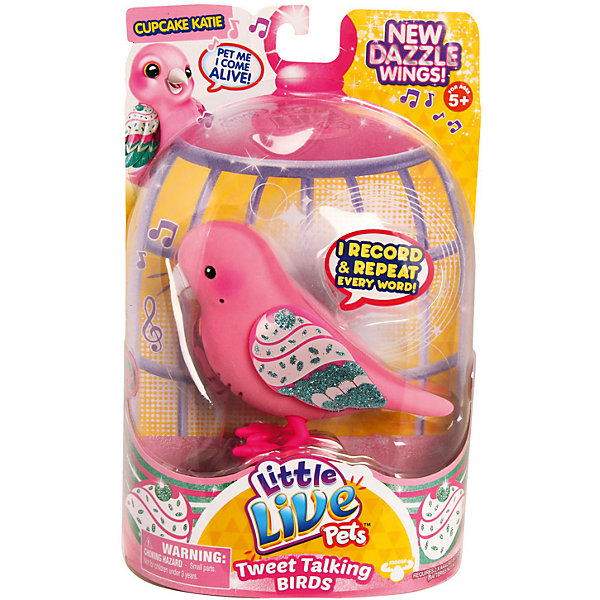 Говорящая птичка Cupcake Katie, Little Live Pets, Moose Говорящая птичка Cupcake Katie, Little Live Pets, MooseИнтерактивные животные<br>Говорящая птичка Cupcake Katie, Little Live Pets, Moose – это интерактивная игрушка, которая вызовет восторг у вашего ребенка.<br>Капкейк Кэти (Cupcake Katie) — это говорящая птичка из четвертой серии Little Live Pets, разработанной австралийской компанией Moose . Птички стали более красивыми. Их крылья переливаются и блестят на солнце. Если погладить птичку по голове - она начнет весело чирикать. В арсенале птички порядка 30 мелодий. Кроме того, она способна запоминать короткие фразы и слова, и воспроизводить их на свой манер. Когда птичка щебечет или произносит слова, у нее двигается нижняя часть клювика. Все это делает игрушечную птичку похожей на настоящую. Окрас птички очень нежный, а на крылышках нанесен красивый узор, который мерцает при свете. Птичка легко помещается на ладошке ребенка. Ее всегда можно взять с собой на прогулку. Игрушка сделана из высококачественного безопасного пластика, сверху покрыта мягким и приятным на ощупь материалом - флоком.<br><br>Дополнительная информация:<br><br>- Игрушка рекомендована для детей в возрасте от 5 лет<br>- Цвет: розовый, персиковый, зеленый<br>- Материал: высококачественный пластик, флок<br>- Батарейки: 2 типа ААА (в комплект не входят)<br>- Размер упаковки: 14,1 x 5,7 x 22 см.<br><br>Говорящую птичку Cupcake Katie, Little Live Pets, Moose можно купить в нашем интернет-магазине.<br><br>Ширина мм: 140<br>Глубина мм: 55<br>Высота мм: 220<br>Вес г: 960<br>Возраст от месяцев: 60<br>Возраст до месяцев: 108<br>Пол: Унисекс<br>Возраст: Детский<br>SKU: 4324833