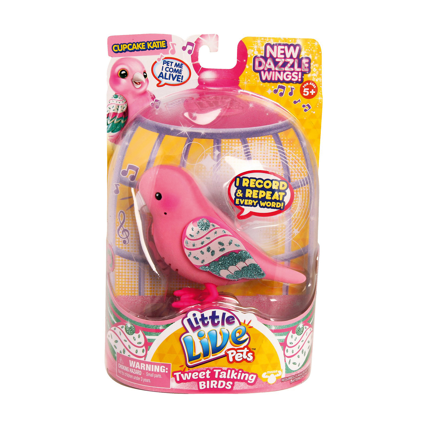 Говорящая птичка Cupcake Katie, Little Live Pets, Moose Говорящая птичка Cupcake Katie, Little Live Pets, MooseГоворящая птичка Cupcake Katie, Little Live Pets, Moose – это интерактивная игрушка, которая вызовет восторг у вашего ребенка.<br>Капкейк Кэти (Cupcake Katie) — это говорящая птичка из четвертой серии Little Live Pets, разработанной австралийской компанией Moose . Птички стали более красивыми. Их крылья переливаются и блестят на солнце. Если погладить птичку по голове - она начнет весело чирикать. В арсенале птички порядка 30 мелодий. Кроме того, она способна запоминать короткие фразы и слова, и воспроизводить их на свой манер. Когда птичка щебечет или произносит слова, у нее двигается нижняя часть клювика. Все это делает игрушечную птичку похожей на настоящую. Окрас птички очень нежный, а на крылышках нанесен красивый узор, который мерцает при свете. Птичка легко помещается на ладошке ребенка. Ее всегда можно взять с собой на прогулку. Игрушка сделана из высококачественного безопасного пластика, сверху покрыта мягким и приятным на ощупь материалом - флоком.<br><br>Дополнительная информация:<br><br>- Игрушка рекомендована для детей в возрасте от 5 лет<br>- Цвет: розовый, персиковый, зеленый<br>- Материал: высококачественный пластик, флок<br>- Батарейки: 2 типа ААА (в комплект не входят)<br>- Размер упаковки: 14,1 x 5,7 x 22 см.<br><br>Говорящую птичку Cupcake Katie, Little Live Pets, Moose можно купить в нашем интернет-магазине.<br><br>Ширина мм: 140<br>Глубина мм: 55<br>Высота мм: 220<br>Вес г: 960<br>Возраст от месяцев: 60<br>Возраст до месяцев: 108<br>Пол: Унисекс<br>Возраст: Детский<br>SKU: 4324833