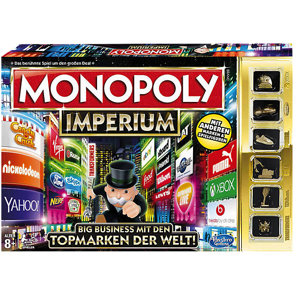 Игра Монополия Империя, Hasbro Игра Монополия Империя, HasbroЭкономические настольные игры<br>Известная и всеми любимая игра стала еще интереснее. Идея игры осталась прежней, только теперь борьба идет не за обладание недвижимостью, а за владение брендами. В начале игры игрокам выдаются башенки, которые надо заполнить выкупленными брендами. Тот, кто соберет больше логотипов в своей башне, получит больше прибыли, тот кто первым достигнет вершины - выйдет победителем! Смело банкроть соперников и вырывайся вперед! <br><br>Дополнительная информация:<br><br>- Материал: пластик, картон.<br>- Размер: 40х27х5 см.<br>- Комплектация: игровое поле; 4 башни; 6 фишек; 30 жетонов с логотипами; 6 жетонов с офисами; 14 карточек Шанс; 14 карточек Империя; пачка денег; 2 игральных кубика.<br>- Количество игроков: 2-4.<br><br>Игру Монополия Империя, Hasbro (Хасбро), можно купить в нашем магазине.<br><br>Ширина мм: 406<br>Глубина мм: 271<br>Высота мм: 58<br>Вес г: 934<br>Возраст от месяцев: 96<br>Возраст до месяцев: 228<br>Пол: Унисекс<br>Возраст: Детский<br>SKU: 4325391