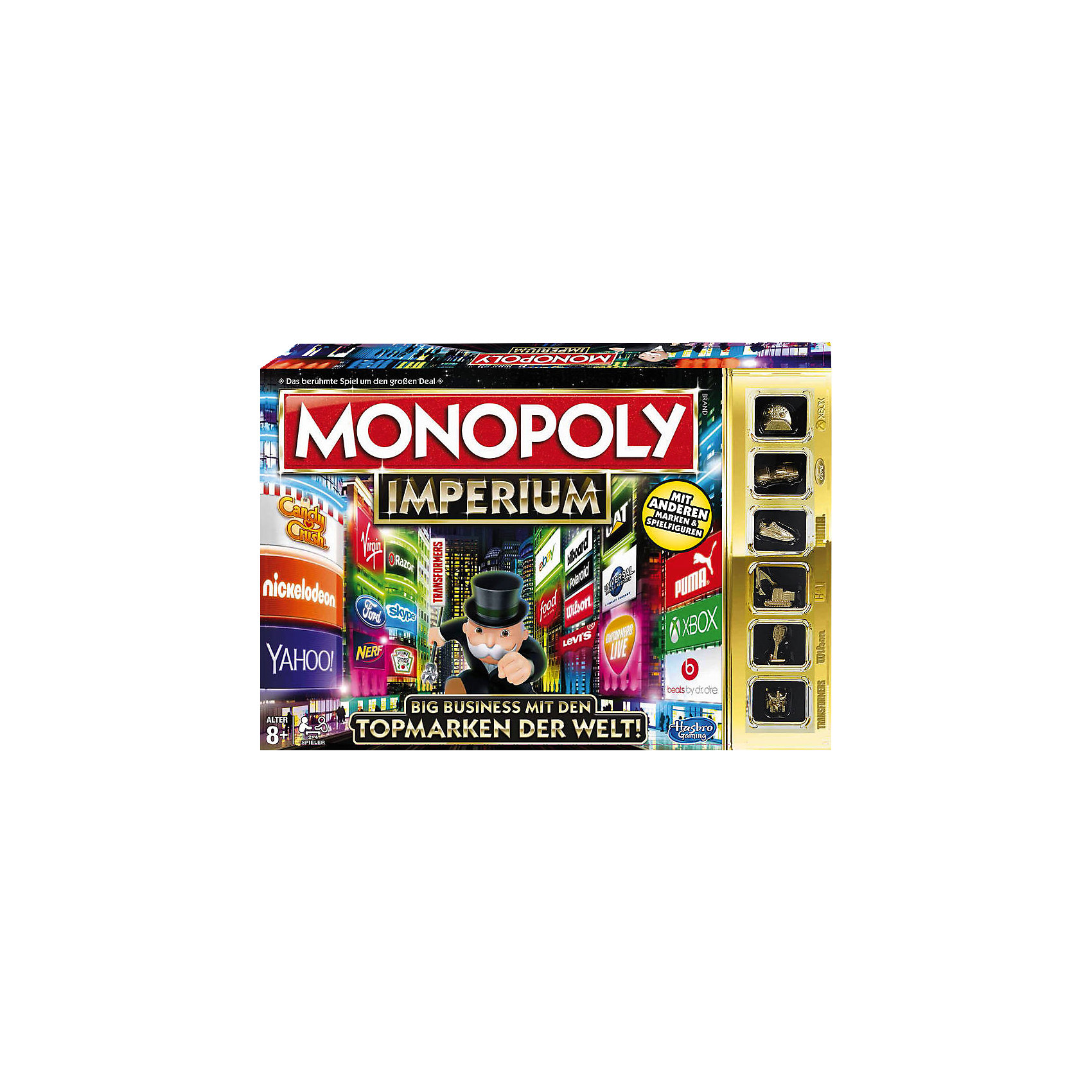 Игра Монополия Империя, Hasbro Игра Монополия Империя, HasbroИгры для развлечений<br>Известная и всеми любимая игра стала еще интереснее. Идея игры осталась прежней, только теперь борьба идет не за обладание недвижимостью, а за владение брендами. В начале игры игрокам выдаются башенки, которые надо заполнить выкупленными брендами. Тот, кто соберет больше логотипов в своей башне, получит больше прибыли, тот кто первым достигнет вершины - выйдет победителем! Смело банкроть соперников и вырывайся вперед! <br><br>Дополнительная информация:<br><br>- Материал: пластик, картон.<br>- Размер: 40х27х5 см.<br>- Комплектация: игровое поле; 4 башни; 6 фишек; 30 жетонов с логотипами; 6 жетонов с офисами; 14 карточек Шанс; 14 карточек Империя; пачка денег; 2 игральных кубика.<br>- Количество игроков: 2-4.<br><br>Игру Монополия Империя, Hasbro (Хасбро), можно купить в нашем магазине.<br><br>Ширина мм: 406<br>Глубина мм: 271<br>Высота мм: 58<br>Вес г: 934<br>Возраст от месяцев: 96<br>Возраст до месяцев: 228<br>Пол: Унисекс<br>Возраст: Детский<br>SKU: 4325391
