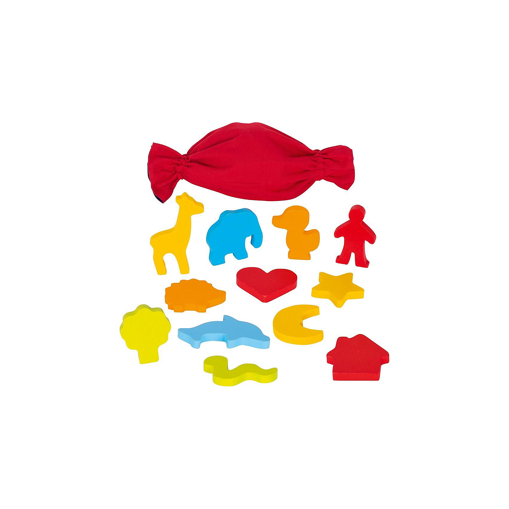 Сенсорная игра Мемо Формы в мешочке CAUSE, goki Сенсорная игра Мемо Формы в мешочке CAUSE, gokiРазвивающие игры<br>В ярко-красном мешке находятся разнообразные деревянные фигурки: дерево, слон, жираф, человечек, ежик, месяц, сердечко, дельфин, домик, звездочка, змейка.Ребенку, в зависимости от возраста, можно предложить несколько вариантов игры: 1. рассмотреть внимательно и изучить в ручках все фигуры, затем сложить их в мешок и вслепую вынимать из него пары элементов. 2. По памяти называть цвет каждой фигурки. 3. Вынимать элементы из мешка, называя их правильно. 4. Придумать свою историю и построить из фигурок сценку. Игра развивает в первую очередь память, мелкую моторику, тактильные ощущения, знакомит с понятиями формы и цвета.<br><br>Ширина мм: 250<br>Глубина мм: 100<br>Высота мм: 250<br>Вес г: 380<br>Возраст от месяцев: 36<br>Возраст до месяцев: 72<br>Пол: Унисекс<br>Возраст: Детский<br>SKU: 4328620