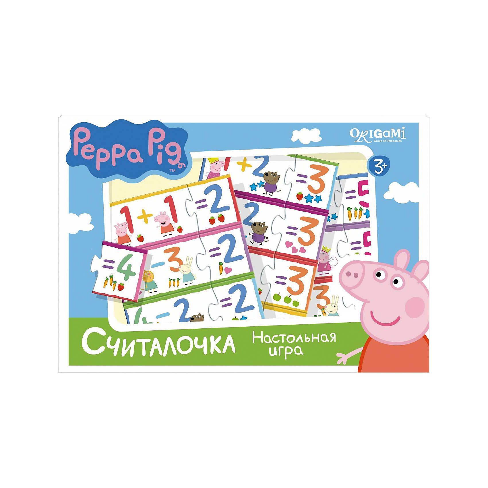 Игра Считалочка, Свинка Пеппа Игра Считалочка, Свинка ПеппаПопулярные игрушки<br>Игра Считалочка, Свинка Пеппа – это интересная настольная игра, которая увлечет вашего малыша и поможет ему научиться решать простые примеры.<br>Вместе с Пеппой и ее друзьями Ваш ребенок научится решать примеры на сложение и вычитание в пределах пяти и весело проведет время. В набор входят парные карточки - пример и ответ: 1+1 и 2, 5-2 и 3. Все карточки снабжены пазловыми замками, поэтому ребенок не сможет совершить ошибку в решении и совместить неподходящие друг другу детали. Эта игра поможет улучшить свои знания тем, кто уже умеет считать, и научит тех, кто только начинает это делать.<br><br>Дополнительная информация:<br><br>- В наборе: 32 карточки с пазловыми замками<br>- Материал: картон<br>- Размер коробки: 22x20x5 мм.<br>- Вес: 175 гр.<br><br>Игру Считалочка, Свинка Пеппа можно купить в нашем интернет-магазине.<br><br>Ширина мм: 220<br>Глубина мм: 200<br>Высота мм: 50<br>Вес г: 175<br>Возраст от месяцев: 36<br>Возраст до месяцев: 96<br>Пол: Унисекс<br>Возраст: Детский<br>SKU: 4335017