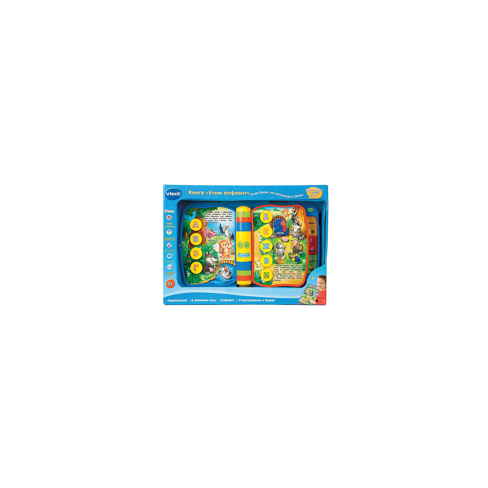 Обучающая книга Учим алфавит, Vtech Обучающая книга Учим алфавит, VtechИнтерактивные игрушки для малышей<br>Малышей обязательно заинтересует эта умная книжка, оформленная яркими, красочными иллюстрациями. С помощью кнопок «Справа» и «Слева» ребенок сам может выбрать историю, которую хочет услышать. Книга включает в себя 6 обучающих режимов:<br>1.«Написание». Нажав на кнопку с буквой, ребенок узнает, как правильно писать буквы.<br>2.«Буквы и слова». Нажимая на кнопки с буквами, ребенок знакомится с каждой из них, слышит веселые стихи о каждой букве, узнает новые слова. <br>3.«Фонетика». Малыш знакомится с тем, как звучат буквы.<br>4.«Произношение». Нажимая на кнопки с изображением букв, малыш знакомится со звуками и учится писать слова по буквам.<br>5.«Экзамен». Данный режим поможет малышу закрепить полученные знания. Программа просит ребенка найти предложенные буквы.<br>6.«Порядок букв». Данная программа предлагает ребенку найти определенную букву с подсказками.<br><br>Дополнительная информация:<br><br>- Размеры в сложенном виде: 23,5х23,5 см.<br>- Материал: пластик, картон.<br>- Иллюстрации: цветные. <br>- Элемент питания: 2 АА батарейки (входят в комплект).<br>- 6 обучающих режимов. <br>- Звуковые эффекты.<br><br>Обучающую книгу Учим алфавит, Vtech, можно купить в нашем магазине.<br><br>Ширина мм: 440<br>Глубина мм: 330<br>Высота мм: 80<br>Вес г: 242<br>Возраст от месяцев: 36<br>Возраст до месяцев: 72<br>Пол: Унисекс<br>Возраст: Детский<br>SKU: 4336040