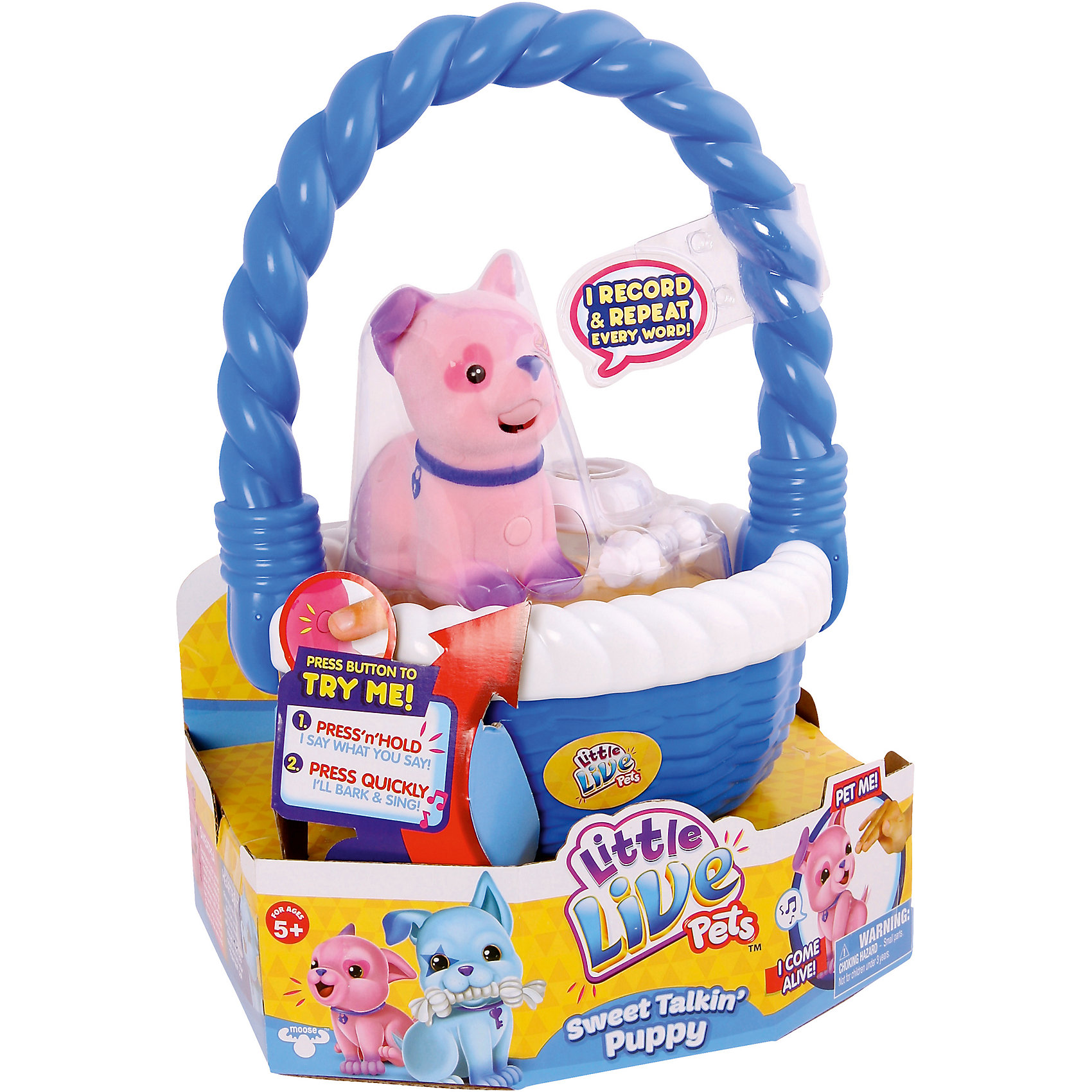 Щенок в корзинке, Little Live Pets Щенок в корзинке, Little Live PetsЩенок в корзинке, Little Live Pets – это замечательный интерактивный друг для вашего малыша!<br>Розовый щенок Little Live Pets от компании Moose непременно постарается подружиться с вашим малышом. Этот милый щенок в своей уютной корзинке ласково смотрит на вас, повторяет ваши фразы и общается на своем языке с другими питомцами из этой серии. Он умеет лаять, запоминать и воспроизводить чужие фразы и звуки. Кроме того щенок реагирует на прикосновения. Игрушка изготовлена из пластика и флока - мягкого и приятного на ощупь материала. Безопасна для детского здоровья.<br><br>Дополнительная информация:<br><br>- В комплекте: щенок, корзинка, миска, косточка<br>- Цвет: розовый<br>- Материал: пластик, флок<br>- Батарейки: 2 типа АА (в комплект входят демонстрационные)<br>- Размер упаковки: 20 x 16 x 27 см.<br>- Вес: 420 гр.<br><br>Щенка в корзинке, Little Live Pets можно купить в нашем интернет-магазине.<br><br>Ширина мм: 32<br>Глубина мм: 21<br>Высота мм: 31<br>Вес г: 850<br>Возраст от месяцев: 60<br>Возраст до месяцев: 144<br>Пол: Унисекс<br>Возраст: Детский<br>SKU: 4336066