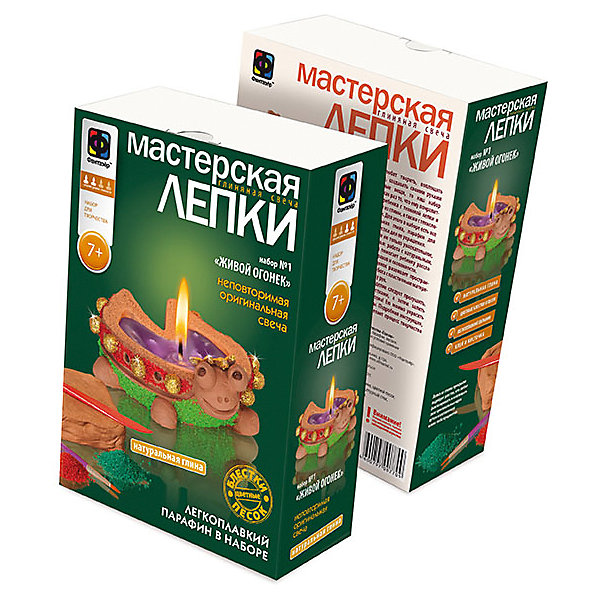 Мастерская лепки Глиняная свеча. Живой огонек Мастерская лепки Глиняная свеча. Живой огонекНаборы полимерной глины<br>Набор Мастерская лепки Глиняная свеча. Живой огонек превратит привычную лепку в увлекательное занятие и познакомит ребенка с техникой изготовления и декорирования изделий из глины. Сделанные своими руками посуда и глиняные изделия будет долго радовать юного мастера и вдохновлять его на создание новых шедевров. В комплект входят все необходимые для изготовления глиняной свечи инструменты и материалы: натуральная глина, скульптурный стек, парафин для свечей и подробная инструкция. Готовую поделку нужно высушить, украсить цветным песком и блестками, а затем залить парафином - и оригинальный сувенир готов. Нарядная праздничная свеча станет замечательным украшением интерьера или запоминающимся подарком для родных и друзей. Набор способствует развитию творческих способностей, фантазии, воображения, тренирует мелкую моторику и ловкость.<br><br>Дополнительная информация:<br><br>- В комплекте: натуральная глина, цветной песок, блестки, парафин, фитиль, скульптурный стек, пластиковый коврик, инструкция.<br>- Материал: глина, пластмасса, бумага, парафин, металл.<br>- Размер упаковки: 22,5 x 15,3 x 7,5 см.<br>- Вес: 0,602 кг.<br><br>Мастерскую лепки Глиняная свеча. Живой огонек, Фантазер, можно купить в нашем интернет-магазине.<br><br>Ширина мм: 155<br>Глубина мм: 70<br>Высота мм: 220<br>Вес г: 500<br>Возраст от месяцев: 84<br>Возраст до месяцев: 144<br>Пол: Унисекс<br>Возраст: Детский<br>SKU: 4336228