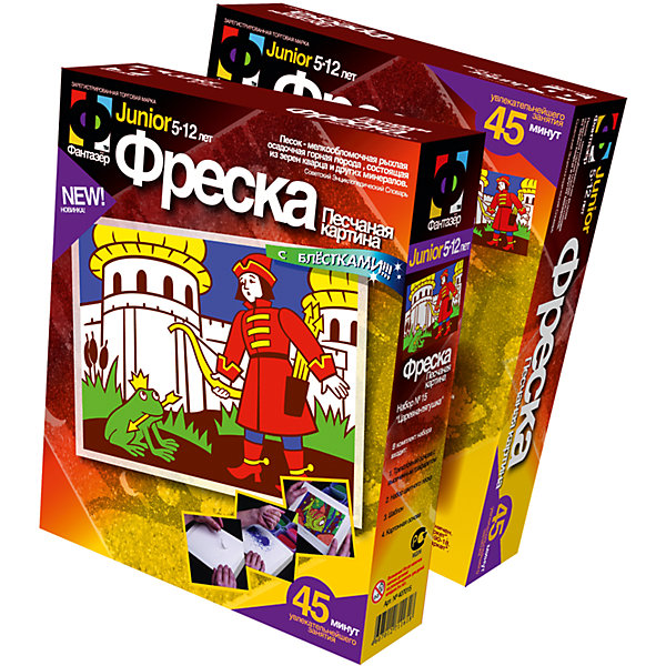 Фреска Царевна-Лягушка Фреска Царевна-ЛягушкаКартины из песка<br>Фреска Царевна-Лягушка - увлекательный набор для детского творчества, который позволит Вашему ребенку создать свои первые маленькие шедевры. Процесс создания картины из песка прост и не представляет сложности для ребенка: на клейкую основу уже нанесен контур рисунка с пронумерованными деталями (каждый номер соответствует определённому цвету песка), нужно только аккуратно высыпать на них цветной песок нужного цвета согласно схеме. Результатом работы будет чудесная картинка по мотивам любимой всеми сказки о Царевне-Лягушке. Она украсит комнату ребенка или станет подарком, сделанным собственными руками для друзей и родных. Набор способствует развитию мелкой моторики рук, внимания, творческих и художественных способностей ребенка.<br><br>Дополнительная информация:<br><br>- В комплекте: трехслойная основа с высеченным трафаретом, набор цветного песка, шаблон, картонная основа, заготовка рамки.<br>- Материал: цветной полимерный песок, бумага, пластмасса.<br>- Размер картинки (без рамки): 13,4 х 17,4 см.<br>- Размер упаковки: 18,5 х 5 х 22 см.<br>- Вес: 0,21 кг.<br><br>Фреску Царевна-Лягушка, Фантазер, можно купить в нашем интернет-магазине.<br><br>Ширина мм: 185<br>Глубина мм: 50<br>Высота мм: 220<br>Вес г: 380<br>Возраст от месяцев: 60<br>Возраст до месяцев: 108<br>Пол: Унисекс<br>Возраст: Детский<br>SKU: 4336234