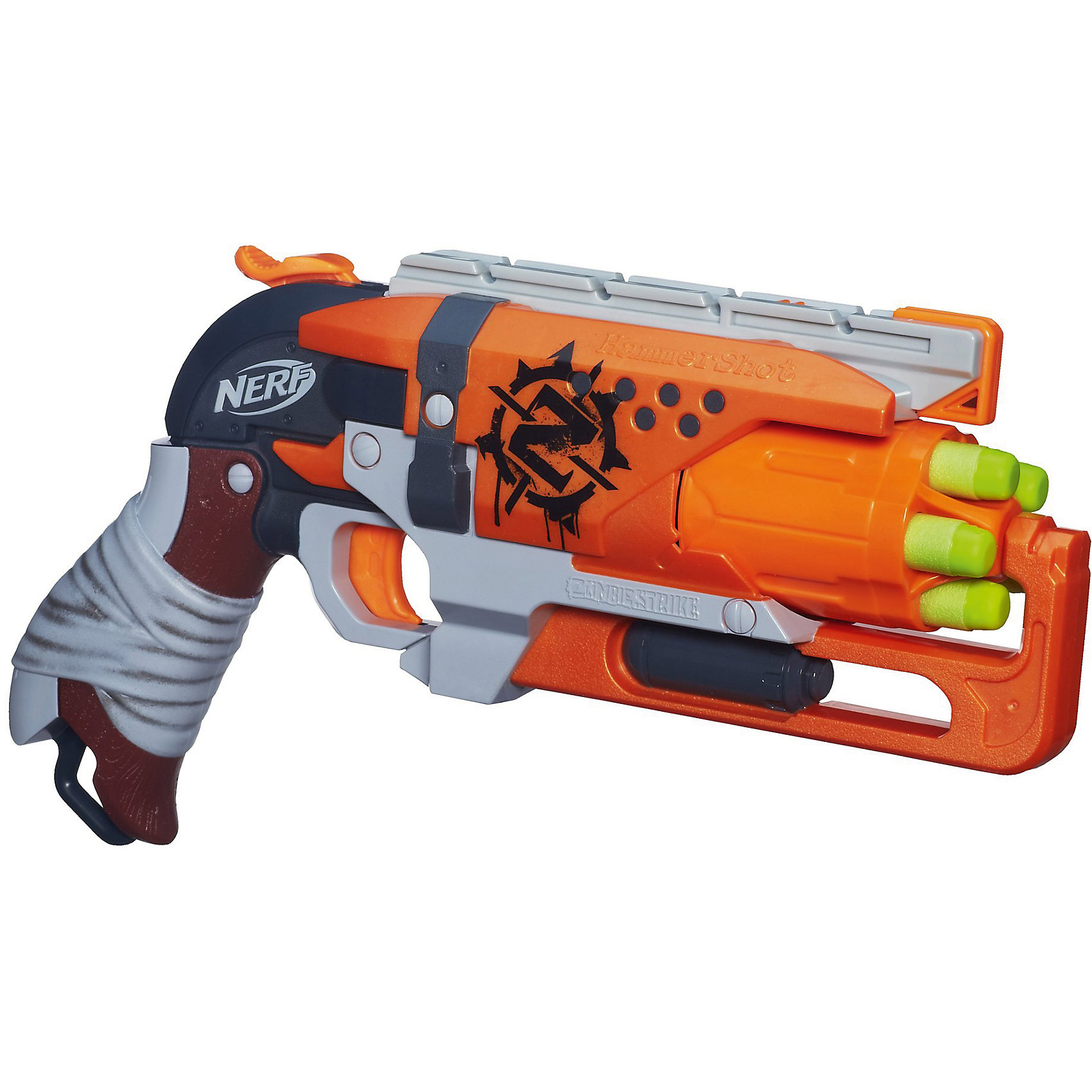 Бластер Зомби Хаммершот, NERF Бластер Зомби Хаммершот, NERFБластер Зомби Хаммершот, NERF - это компактное оружие для борьбы с зомби, рассчитанный для ведения боя с одной руки.<br>Бластер Зомби Хаммершот – небольшое по своим размерам оружие, оснащенное барабанным механизмом, рассчитанным на 5 стрел, стреляет по одной. Для перезарядки необходимо просто оттянууть курок. Стрелы с прорезиненным наконечником безопасны для здоровья ваших детей, т.к. выполнены из поролона, поэтому при попадании по телу человека, не причиняет никакого вреда здоровью. Однако, следует обращать внимание, чтобы при стрельбе патроны не попадали в лицо сопернику. Подарите своему ребенку новый, компактный бластер, играть с которым одно удовольствие. Бластер изготовлен из гипоаллергенных материалов высокого качества, сертифицированных для производства товаров для детей.<br><br>Дополнительная информация:<br><br>- В комплекте: бластер, 5 стрел, трафареты, инструкция<br>- Дальность стрельбы: 20 м.<br>- Материал: пластмасса<br>- Размер упаковки: 33,5 x 6,3 x 25,7 см.<br>- Вес: 1500 гр.<br><br>Бластер Зомби Хаммершот, NERF (Нерф) можно купить в нашем интернет-магазине.<br><br>Ширина мм: 335<br>Глубина мм: 63<br>Высота мм: 257<br>Вес г: 1500<br>Возраст от месяцев: 96<br>Возраст до месяцев: 168<br>Пол: Мужской<br>Возраст: Детский<br>SKU: 4339231