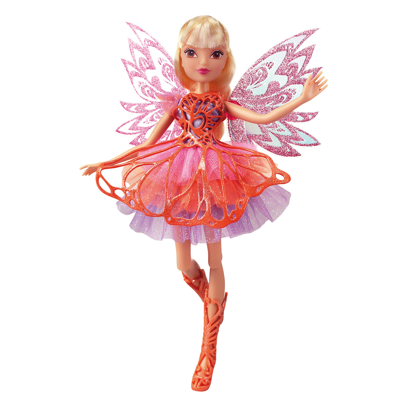 Кукла Winx Club Баттерфликс Стелла Кукла Winx Club Баттерфликс СтеллаWinx Club<br>Очаровательные куколки выглядят в точности так же, как и героини мультсериала «Winx Club» (Винкс Клуб). Волшебница Стелла одета в красивое персиковое платье, состоящее из приталенного лифа и пышной юбки. На ногах куколки - нежно-персиковые плетеные сапожки. Оригинальный аксессуар - съемная плетеная накладка на платье, делает образ феи еще более невесомым и воздушным. Длинные белокурые волосы куклы очень приятно расчесывать, создавая великолепные прически. Позвольте вашей девочке почувствовать себя настоящей феей вместе с любимыми героинями. Собери все куколок, проигрывай запомнившиеся моменты из мультсериала или придумывай свои новые истории! <br><br>Дополнительная информация:<br><br>- Комплектация: кукла, расческа, съемные крылья, одежда, обувь.<br>- Материал: пластик, текстиль. <br>- Высота куклы: 28 см.<br>- Голова, руки, ноги подвижные. <br><br>Куклу Winx Club Баттерфликс, Стеллу, можно купить в нашем магазине.<br><br>Ширина мм: 290<br>Глубина мм: 60<br>Высота мм: 345<br>Вес г: 420<br>Возраст от месяцев: 36<br>Возраст до месяцев: 84<br>Пол: Женский<br>Возраст: Детский<br>SKU: 4345039