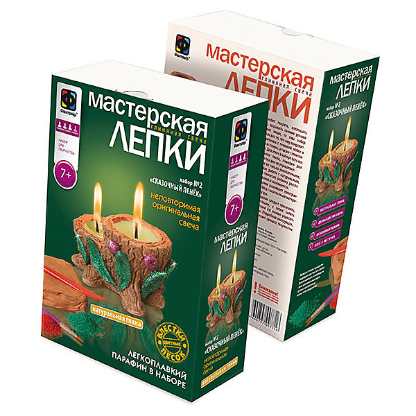 Мастерская лепки Глиняная свеча. Сказочный пенек Мастерская лепки Глиняная свеча. Сказочный пенекНаборы для создания свечей<br>Набор Мастерская лепки Глиняная свеча. Сказочный пенек превратит привычную лепку в увлекательное занятие и познакомит ребенка с техникой изготовления и декорирования изделий из глины. Сделанные своими руками посуда и глиняные изделия будет долго радовать юного мастера и вдохновлять его на создание новых шедевров. В комплект входят все необходимые для изготовления глиняной свечи инструменты и материалы: натуральная глина, скульптурный стек, парафин для свечей и подробная инструкция. Готовую поделку нужно высушить, украсить цветным песком и блестками, а затем залить парафином - и оригинальный сувенир готов. Нарядная свеча в виде пенька из сказочного леса станет замечательным украшением интерьера или запоминающимся подарком для родных и друзей. Набор способствует развитию творческих способностей, фантазии, воображения, тренирует мелкую моторику и ловкость.<br><br>Дополнительная информация:<br><br>- В комплекте: натуральная глина, цветной песок, блестки, парафин, фитиль, скульптурный стек, пластиковый коврик, инструкция.<br>- Материал: глина, пластмасса, бумага, парафин, металл.<br>- Размер упаковки: 22,5 x 15,3 x 7,5 см.<br>- Вес: 0,554 кг.<br><br>Мастерскую лепки Глиняная свеча. Сказочный пенек, Фантазер, можно купить в нашем интернет-магазине.<br><br>Ширина мм: 155<br>Глубина мм: 70<br>Высота мм: 220<br>Вес г: 420<br>Возраст от месяцев: 84<br>Возраст до месяцев: 2147483647<br>Пол: Унисекс<br>Возраст: Детский<br>SKU: 4347408