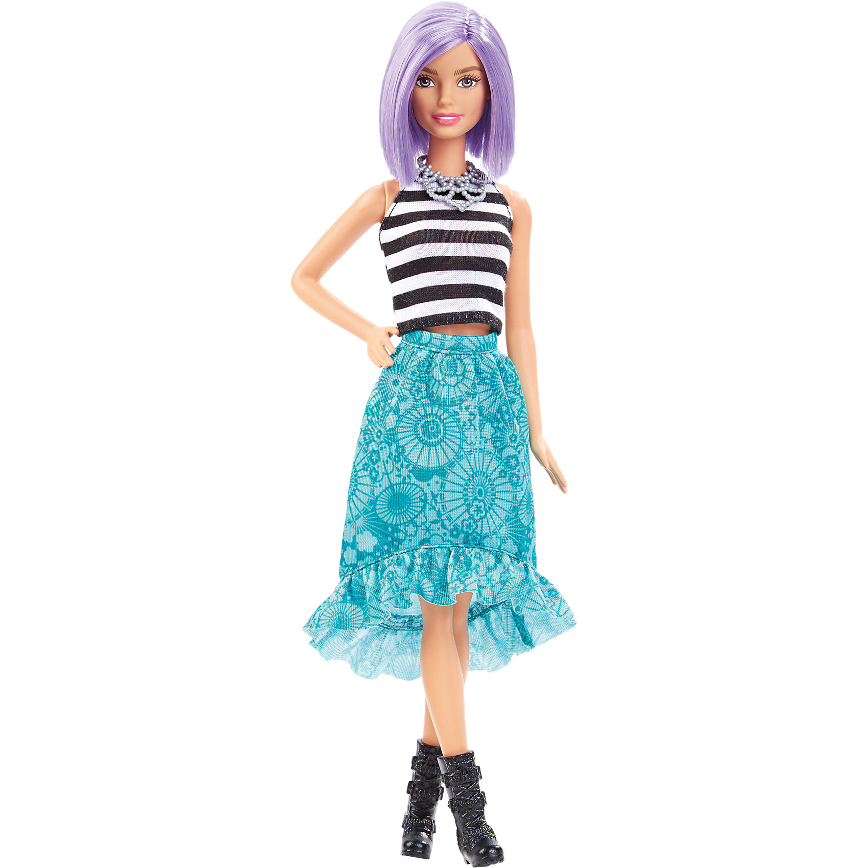 Кукла Игра с модой, Barbie Кукла Игра с модой, BarbieПопулярные игрушки<br>Кукла Игра с модой, Barbie, порадует всех юных любительниц Барби и станет достойным пополнением их коллекции. Красавица Барби представлена в новом модном образе. У куклы блестящие сиреневые волосы, уложенные в стильную прическу. Их можно расчесывать и заплетать в различные хвостики и косички. Барби одета в черно-белый полосатый топ и голубую юбку с модным принтом и оборочкой. Ее оригинальный наряд эффектно дополняют черные сапожки и серебристое ожерелье. Руки и ноги куклы подвижные. Игрушка оформлена в яркую подарочную коробку.<br><br>Дополнительная информация:<br><br>- Материал: пластик, текстиль.<br>- Высота куклы: 29 см.<br>- Размер упаковки: 33 х 16 х 6 см.<br>- Вес: 0,3 кг.<br><br>Куклу Игра с модой, Barbie, можно купить в нашем интернет-магазине.<br><br>Ширина мм: 331<br>Глубина мм: 126<br>Высота мм: 60<br>Вес г: 181<br>Возраст от месяцев: 36<br>Возраст до месяцев: 72<br>Пол: Женский<br>Возраст: Детский<br>SKU: 4349894