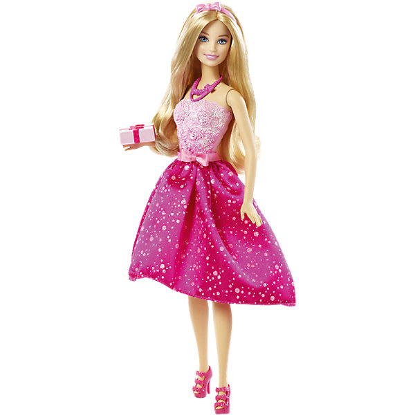 Кукла Barbie Happy Birthday Кукла Barbie Happy BirthdayКуклы<br>Характеристики куклы Барби:<br><br>• высота куклы – 29 см;<br>• шарнирные руки куклы, поднимаются вверх и в стороны, в локтях не сгибаются;<br>• ножки красавицы поднимаются и опускаются, Барби может занимать сидячую позу;<br>• голова куклы поворачивается;<br>• нейлоновые волосы куколки легко расчесываются, не путаются;<br>• наряд куклы Барби выполнен из полиэстера.<br><br>Любимица девочек, кукла Barbie собирается на день рождения! Яркий наряд красавицы, струящиеся золотистые волосы распущены, в руках подарок в подарочной упаковке. Обута Барби в босоножки. На головке ободок с бантиком, на шее – бусы. Аксессуары и одежда снимаются. <br><br>Комплектация игрового набора Mattel:<br><br>• кукла Барби;<br>• платье, босоножки;<br>• ободок, бусы;<br>• подарок.<br><br>Куклу Barbie Happy Birthday можно купить в нашем интернет-магазине.<br><br>Ширина мм: 330<br>Глубина мм: 165<br>Высота мм: 66<br>Вес г: 247<br>Возраст от месяцев: 36<br>Возраст до месяцев: 72<br>Пол: Женский<br>Возраст: Детский<br>SKU: 4349925