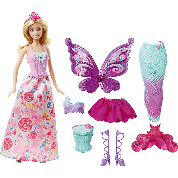 Кукла Barbie Сказочная принцесса Кукла Barbie Сказочная принцессаПопулярные игрушки<br>Кукла Barbie (Барби) Сказочная принцесса<br><br>Кукла Barbie (Барби) Сказочная принцесса приведет в восторг современную девочку. Ее можно не просто переодевать - в наборе есть и хвост русалки, и наряд феи! И кукла, и аксессуары выполнены в соответствии с высокими стандартами качества Mattel.<br>Набор изготовлен из высококачественных, легких и безопасных для детей материалов. В комплект входит сама кукла, три корсета, две юбки, крылья феи, хвост русалки, две пары обуви и одна тиара.<br><br>Дополнительная информация:<br><br>цвет: разноцветный;<br>комплектация: кукла, 3 корсета, 2 юбки, крылья феи, хвост русалки, 2 пары обуви, 1 тиара.<br>материал: пластик, текстиль;<br>высота куклы: 29 см.<br><br>Кукла Barbie (Барби) Сказочная принцесса можно купить в нашем магазине.<br><br>Ширина мм: 325<br>Глубина мм: 330<br>Высота мм: 60<br>Вес г: 402<br>Возраст от месяцев: 36<br>Возраст до месяцев: 72<br>Пол: Женский<br>Возраст: Детский<br>SKU: 4349927