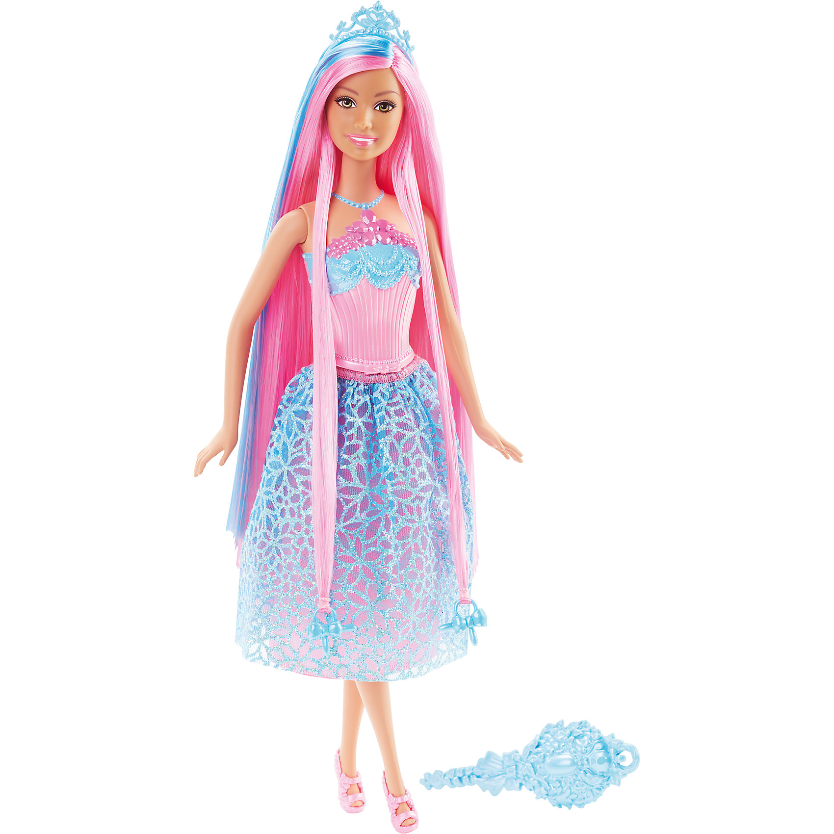Кукла Принцесса с розовыми волосами, Barbie Кукла Принцесса с розовыми волосами, BarbieBarbie<br>Кукла Принцесса с розовыми волосами, Barbie, порадует всех юных любительниц Барби и станет достойным пополнением их коллекции. На этот раз красавица Барби представлена в образе очаровательной принцессы в роскошном наряде. У куколки длинные розовые локоны длиной 20 см. с голубыми прядками, которые можно укладывать в разнообразные прически. Чудесное платье с голубой юбкой в цветочек и розовым лифом декорировано розовым пояском и нарядной вышивкой. Стильный образ дополняют изящные розовые босоножки и красивая голубая диадема. Тело куколки на шарнирах, ноги и руки сгибаются и разгибаются, благодаря чему она может принимать различные положения. В комплект также входит расческа и два украшения-бусинки для волос, подходящие к парикмахерским инструментам Barbie из набора Barbie Snapn Style Princess Doll (продается отдельно).<br><br>Дополнительная информация:<br><br>- Материал: пластик, текстиль.<br>- Высота куклы: 29 см.<br>- Размер упаковки: 12,7 x 6 x 32,4 см.<br>- Вес: 0,24 кг.<br><br>Куклу Принцесса с розовыми волосами, Barbie, Mattel, можно купить в нашем интернет-магазине.<br><br>Ширина мм: 329<br>Глубина мм: 114<br>Высота мм: 58<br>Вес г: 175<br>Возраст от месяцев: 36<br>Возраст до месяцев: 72<br>Пол: Женский<br>Возраст: Детский<br>SKU: 4349940