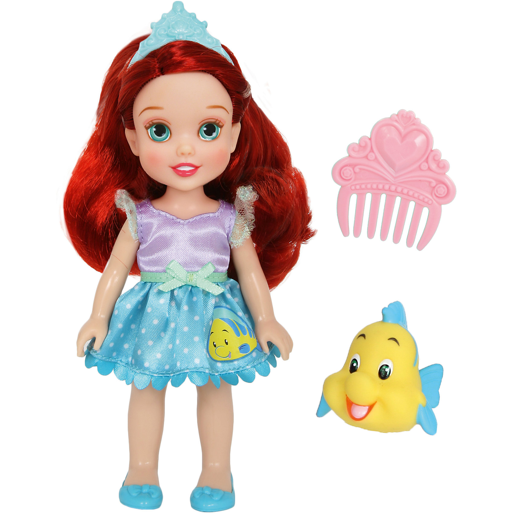 Кукла Малышка с питомцем: Ариэль, 15 см, Disney Princess Кукла Малышка с питомцем: Ариэль, 15 см, Disney PrincessИгрушки<br>Кукла Малышка с питомцем: Ариэль, 15 см, Disney Princess – эта маленькая принцесса станет отличным подарком для девочки!<br>Кукла Disney Малышка с питомцем: Ариэль непременно приведет в восторг вашу дочурку и обязательно станет ее любимой игрушкой. Кукла одета в платье с сиреневым лифом и голубой юбочкой в горошек с аппликацией в виде Флаундера. На голове Ариэль тиара. Волосы мягкие на ощупь, их можно заплетать и укладывать в различные прически. Глазки куклы выполнены по особой запатентованной технологии - линзы делают их яркими и живыми. Милую очаровательную малышку с выразительным личиком сопровождает ее любимый питомец, готовый встать на защиту в сложной ситуации. Благодаря играм с куклой, ваша девочка сможет развить фантазию и любознательность, овладеть навыками общения и научиться ответственности.<br><br>Дополнительная информация:<br><br>- В комплекте: кукла, питомец, гребешок<br>- Высота куклы: 15 см.<br>- Материал: пластик, текстиль<br><br>Куклу Малышка с питомцем: Ариэль, 15 см, Disney Princess можно купить в нашем интернет-магазине.<br><br>Ширина мм: 140<br>Глубина мм: 195<br>Высота мм: 60<br>Вес г: 201<br>Возраст от месяцев: 36<br>Возраст до месяцев: 84<br>Пол: Женский<br>Возраст: Детский<br>SKU: 4401533