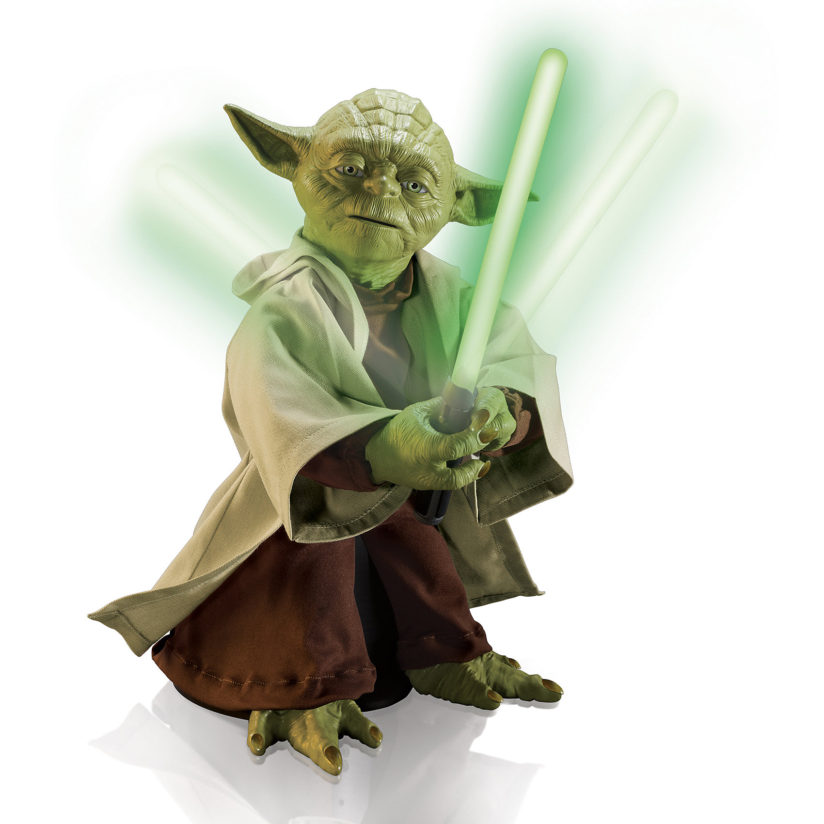 Игрушка Yoda, интерактивная, Звездные войны Игрушка Yoda, интерактивная, Звездные войныКоллекционные и игровые фигурки<br>Игрушка Yoda, интерактивная, Звездные войны - уникальный интерактивный Йода станет отличным подарком поклоннику Звёздных войн.<br>Магистр Yoda выполнен из латекса и пластмассы, а его одежда сделана из самой настоящей ткани. Благодаря использованию такого сочетания материалов, Йода выглядит невероятно реалистично и является точной копией персонажа из культовой саги! Фигура Йоды достигает высоты 40 сантиметров, в комплекте идут несколько аксессуаров: трость и световой меч. При вложении аксессуара в руки Йоды активируется один из режимов: война или мудрости. При отсутствии аксессуаров в лапах активируется режим ожидания или юмора. В этом режиме игрушка ожидает ваших действий, и время от времени произносит шутливые фразы в своём неподражаемом стиле. Режим «Мудрости» активируется после вложения в лапы Йоды трости. Фигурка распознаёт голос (только фразы на английском языке), произносит не менее 7 различных фраз и способен отвечать на вопросы: да, нет или возможно. Фигурка передвигается, постукивает тростью, у неё двигаются рот и руки. Режим «Война» активируется после вложения в лапы Йоды светового меча. Йода начнёт повторять движения из легендарных битв и комментировать их. Также он может преподать несколько базовых уроков владения световым мечом. Интерактивный Мастер Yoda, несмотря на свой довольно внушительный размер, может активно передвигаться в пространстве, с легкостью крутиться на 360 градусов, а также совершать отточенные и выверенные движения световым мечом, буквально разрезая воздух!<br><br>Дополнительная информация:<br><br>- В наборе: интерактивная фигурка Магистра Йоды, световой меч, трость, инструкция<br>- Высота фигурки: 40 см.<br>- Материал: латекс, текстиль, пластмасса<br>- Количество произносимых фраз: 115<br>- Батарейки: 6 х С/LR14 1.5V (в комплект не входят)<br>- Размер упаковки: 34 х 46 х 30 см.<br>- Вес: 3,78 кг.<br><br>Игрушку Yoda, интерактивную, Звездные войны можно купить в нашем интернет-магазине.<br><br>Ширина мм: 340<br>Глубина мм: 460<br>Высота мм: 300<br>Вес г: 3780<br>Возраст от месяцев: 72<br>Возраст до месяцев: 144<br>Пол: Мужской<br>Возраст: Детский<br>SKU: 4401545