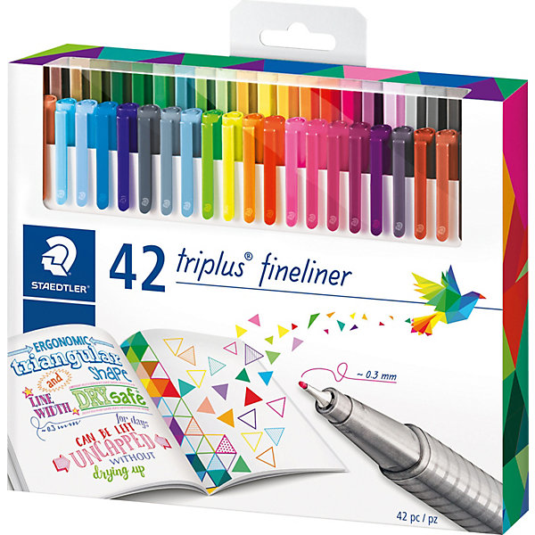 Набор капиллярных ручек Triplus, 42 цвета, яркие цвета, Staedtler Набор капиллярных ручек Triplus, 42 цвета, яркие цвета, StaedtlerПисьменные принадлежности<br>Набор трехгранных капиллярных ручек triplus® fineliner в картонной упаковке с европодвесом. 42 ярких цвета. Эргономичная форма для удобного и легкого письма. Пишущий узел завальцован в металл. Защита от высыхания - может быть оставлен без колпачка на несколько дней (тест ISO). Чернила на водной основе. Отстирывается с большинства тканей. Корпус из полипропилена гарантирует долгий срок службы. Толщина линиии примерно 0,3 мм.<br><br>Ширина мм: 209<br>Глубина мм: 182<br>Высота мм: 32<br>Вес г: 412<br>Возраст от месяцев: 96<br>Возраст до месяцев: 144<br>Пол: Унисекс<br>Возраст: Детский<br>SKU: 4406863