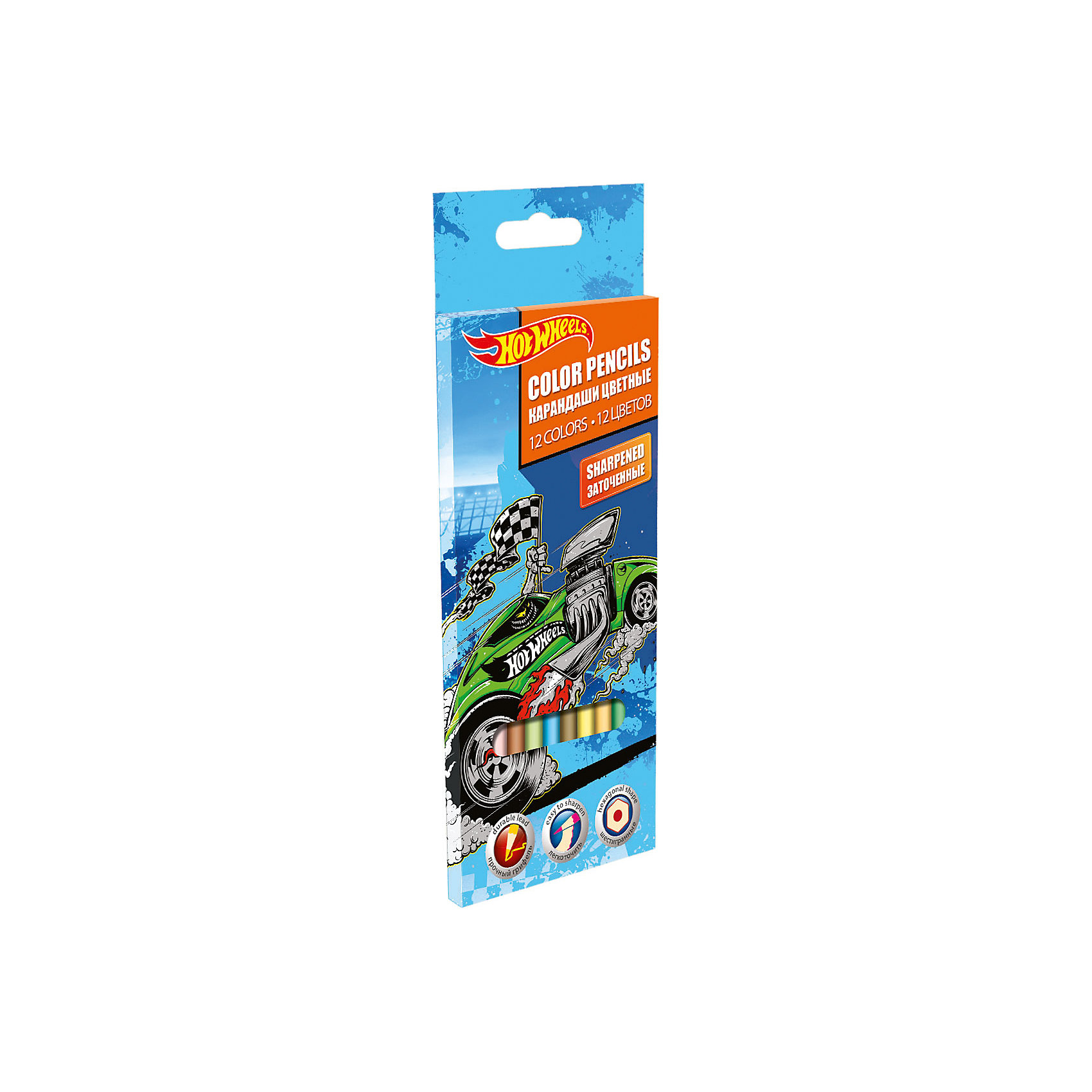 Набор цветных карандашей Hot Wheels 12 шт Набор цветных карандашей Hot Wheels 12 штHot Wheels<br>Цветные карандаши - необходимая вещь для занятий творчеством дома, в детском саду или школе. С карандашами с изображениями стремительных и ярких машинок Hot Wheels рисовать еще интереснее! Яркие насыщенные цвета позволят детям воплотить на бумаге все свои фантазии. Рисование прекрасно развивает моторику рук, цветовосприятие, концентрацию и творческие способности. <br><br>Дополнительная информация:<br><br>- Материал: дерево (тополь).<br>- Диаметр грифеля: 3 мм. <br>- Длина карандашей: 17,8 см. <br>- Размер упаковки: 21,5 х 9 х 1 см.<br>- 12 цветов. <br><br>Набор цветных карандашей Hot Wheels (Хот Вилс) 12 шт, можно купить в нашем магазине.<br><br>Ширина мм: 9<br>Глубина мм: 85<br>Высота мм: 210<br>Вес г: 55<br>Возраст от месяцев: 36<br>Возраст до месяцев: 108<br>Пол: Мужской<br>Возраст: Детский<br>SKU: 4413557