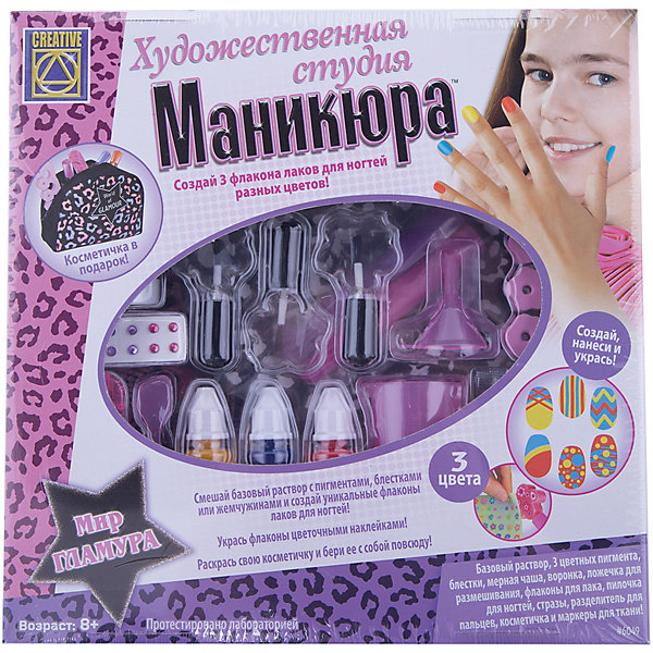 Художественная студия маникюра, Creative Художественная студия маникюра, CreativeНаборы детской косметики<br>Набор для творчества Художественная студия маникюра, Creative, познакомит девочку с модной профессией стилиста и поможет создать свой собственный дизайн ногтей. В комплекте Вы найдете все необходимые принадлежности, чтобы красиво накрасить ногти и придумать свой неповторимый стиль маникюра: базовый раствор лака для ногтей, цветные пигменты, бисер, блестки и другие полезные инструменты. Для начала создайте три флакона разноцветного уникального лака для ногтей: смешайте базовый набор с пигментами, блёстками или жемчужинами, а флаконы декорируйте цветочными наклейками. Готовый лак нанесите на ногти и украсьте блестящими стразами. Лак имеет щадящую формулу и не оказывают разрушительного воздействия на ногтевую пластину. Удобные приспособления, такие как мерная чашка, воронка, ложечка для перемешивания сделают процесс проще и аккуратнее. В комплект также входит модная косметичка - раскрасьте ее маркерами и повсюду носите с собой. Набор развивает творческие способности, фантазию и художественный вкус.<br><br>Дополнительная информация:<br><br>- В комплекте: косметичка, базовый раствор лака для ногтей, цветные пигменты (3 оттенка), жемчужный порошок, мерная чаша, воронка, ложечка для перемешивания, флаконы для лака (3 штуки), пилочка для ногтей, стразы, наклейки, разделитель для пальцев, маркеры для ткани,<br> инструкция.<br>- Размер косметички: 16 х 11 см.<br>- Размер упаковки: 25 х 6 х 26 см.<br>- Вес: 0,455 кг<br><br>Художественную студию маникюра, Creative, можно купить в нашем интернет-магазине.<br><br>Ширина мм: 255<br>Глубина мм: 250<br>Высота мм: 60<br>Вес г: 455<br>Возраст от месяцев: 84<br>Возраст до месяцев: 180<br>Пол: Женский<br>Возраст: Детский<br>SKU: 4415312