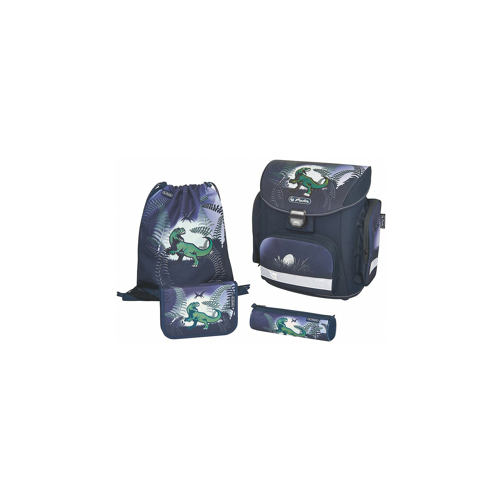 Herlitz Ранец с наполнением Dino Jungle Herlitz Ранец с наполнением Dino JungleРанцы<br>Herlitz Midi - лучший выбор для ученика начальных классов!<br>В нем есть все, что нужно школьнику: компактность, легкость, вместительность, водоотталкивающая пропитка, светоотражающие вставки, боковые карманы, мягкие, регулирующиеся лямки, дышащая, эргономичная спинка.<br><br>Особенности:<br>- Замок-защелка легко открывается и закрывается благодаря специальному клапану.<br>- 2 внутренних отделения с карманом для учебников.<br>- 1 карман на молнии.<br>- Карточка для личных данных ученика под крышкой ранца.<br>- Дно из жесткого пластика.<br>- Передний наружный карман на молнии.<br>- Водоотталкивающая ткань.<br>- Светоотражатели 3M на переднем кармане, боковых карманах и лямках.<br>- 2 боковых кармана на молнии.<br>- Эргономичная спинка и уплотненные регулируемые лямки из вентилируемого материала.<br><br>Дополнительная информация:<br><br>- В комплект входит: пенал с наполнением (16 предметов); пенал-косметичка; мешок для обуви (37х33 см.).<br>- Объем: 13-16 л. с учетом боковых карманов.<br>- Материал: полиэстер.<br>- Размер: 38х37х22 см.<br>- Вес: 950 г.<br><br>Купить ранец с наполнением Dino Jungle можно в нашем магазине.<br><br>Ширина мм: 381<br>Глубина мм: 355<br>Высота мм: 236<br>Вес г: 1409<br>Возраст от месяцев: 60<br>Возраст до месяцев: 120<br>Пол: Мужской<br>Возраст: Детский<br>SKU: 4438413