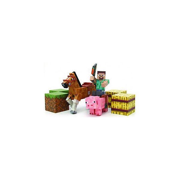 Набор фигурок с аксессуарами, Minecraft Набор фигурок с аксессуарами, MinecraftИгровые наборы с фигурками<br>Набор фигурок, Minecraft, станет отличным подарком для всех юных поклонников популярной компьютерной игры Майнкрафт. В этой знаменитой игре-песочнице Вам даётся условная свобода, позволяющая строить свой город, различные объекты, сражаться с монстрами и изучать новые миры. Игру отличает простая графика, картинка словно собрана из кубических блоков, напоминающих детский конструктор. В комплекте Вы найдете фигурки наездника Стива, лошадки и свинки, стилизованные под персонажей игры. У человечка подвижные руки и ноги, у зверюшек двигаются ноги. На свинке и лошади есть седла, куда можно посадить фигурку Стива. В набор также входя аксессуары - хлыст, два блока сена и два блока травы. Игрушки и аксессуары Minecraft помогут Вашему ребенку строить и создавать мир любимой игры не только на компьютере, но и в реальном мире. <br><br><br>Дополнительная информация:<br><br>- В комплекте: 3 фигурки (наездник, лошадка, свинка), аксессуары (хлыст, 2 блока сена, 2 блока травы).<br>- Материал: пластик.<br>- Высота фигурки: 8 см.<br>- Размер упаковки: 32 x 14,5 x 9,1 см. <br>- Вес: 0,3 кг. <br><br>Набор фигурок с аксессуарами, Minecraft, можно купить в нашем интернет-магазине.<br><br>Ширина мм: 150<br>Глубина мм: 350<br>Высота мм: 150<br>Вес г: 300<br>Возраст от месяцев: 72<br>Возраст до месяцев: 144<br>Пол: Мужской<br>Возраст: Детский<br>SKU: 4440925