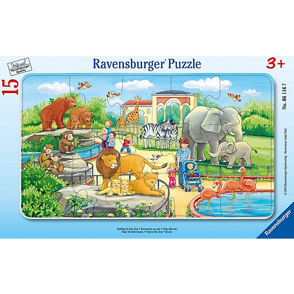 Пазл «Прогулка по зоопарку», 15 деталей, Ravensburger Пазл «Прогулка по зоопарку», 15 деталей, RavensburgerПазлы для малышей<br>Яркая картинка, состоящая из 15 элементов, напечатана на картоне высочайшего качества. Собирать такую головоломку приятно и достаточно легко, ведь изображенные на рисунке животные крупные и хорошо узнаваемы. Здесь есть зебры, жирафы, фламинго, львы и много других зверушек, которые так нравятся детям. Пазл принесёт вашему ребёнку положительные эмоции. А так же малыш научится различать животных, что расширит его знания. <br><br>В товар входит:<br>-15 деталей <br><br>Дополнительная информация<br>- Размер картинки : 25*14,5 см <br>-Размер упаковки : 30*19*5 см<br>-Возраст: от 3 лет<br>-Для мальчиков и девочек<br>-Состав: картон<br>-Бренд: Ravensburger (Равенсбургер)<br>-Страна обладатель бренда: Германия<br><br>Ширина мм: 295<br>Глубина мм: 187<br>Высота мм: 8<br>Вес г: 157<br>Возраст от месяцев: 36<br>Возраст до месяцев: 60<br>Пол: Унисекс<br>Возраст: Детский<br>Количество деталей: 15<br>SKU: 4441671