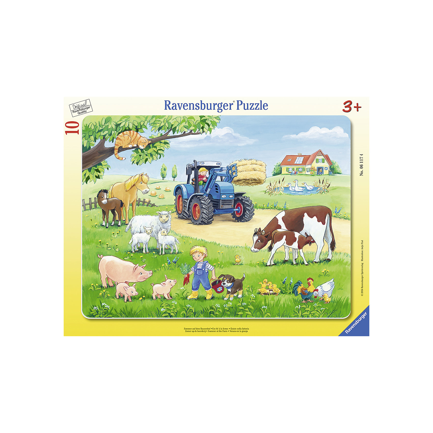 Пазл «Лето в деревне», 10 деталей, Ravensburger Пазл «Лето в деревне», 10 деталей, RavensburgerПазлы для малышей<br>Пазл «Лето в деревне», 10 деталей, Ravensburger (Равенсбургер).<br><br>Характеристика:<br><br>• Материал: картон. <br>• Размер упаковки: 37,3х<br>23,3х5 см. <br>• Размер готовой картинки: 32,5х24,5 см. <br>• Количество деталей: 10.<br><br>Дети обожают собирать пазлы. Это очень интересное и полезное занятие, которое поможет ребенку развить мелкую моторику, внимание, цветовосприятие, усидчивость и образное мышление. Получившаяся яркая картинка станет прекрасным украшением комнаты или же отличным подарком, сделанным своими руками. <br><br>Пазл «Лето в деревне», 10 деталей, Ravensburger (Равенсбургер), можно купить в нашем интернет-магазине.<br><br>Ширина мм: 376<br>Глубина мм: 292<br>Высота мм: 10<br>Вес г: 293<br>Возраст от месяцев: 36<br>Возраст до месяцев: 60<br>Пол: Унисекс<br>Возраст: Детский<br>Количество деталей: 10<br>SKU: 4441673