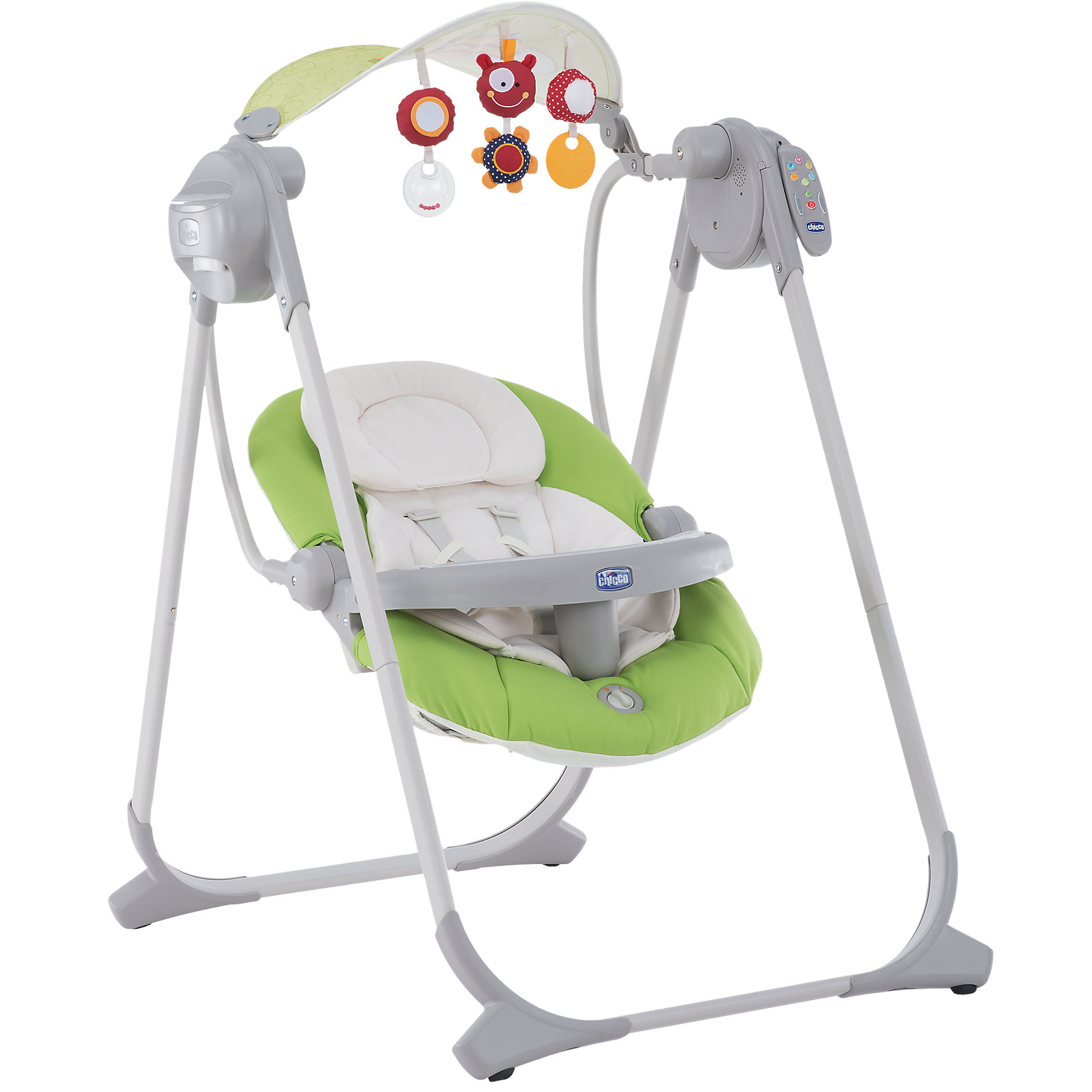 Электрокачели Polly Swing Up, Chicco, зеленый Электрокачели Polly Swing Up, Chicco, зеленыйКачели электронные<br>Электрокачели Polly Swing Up от Chicco - незаменимый помощник для мамы и отличное развлечение для малышей! Качели прекрасно подходят для укачивания крохи как дома, так и на улице. Модель имеет страховочные ремешки и съемный пластиковый поднос с разделителем для ножек, которые обеспечат безопасность и комфорт даже самым непоседливым малышам. Задняя качелей может быть зафиксирована в двух положениях. Четыре скорости движения и вибрация помогут укачать ребенка и настроить его на отдых. Модель оборудована пультом дистанционного управления для включения качания, забавной музыки, мелодий и различных звуков. Регулируемый козырек защитит кроху от солнечных лучей. На козырьке располагаются три яркие игрушки, которые обязательно понравятся малышам. <br><br>Дополнительная информация:<br><br>- Материал: металл, пластик, текстиль. <br>- Размер: 93 x 67 x 89 см.<br>- Размер в сложенном виде: 102 x 18,5 см.<br>- Вес: 8 кг.<br>- Максимальный вес ребенка: 9 кг.<br>- Съемный регулируемый солнцезащитный козырек.<br>- Съемный внутренний вкладыш. <br>- Ремни безопасности.<br>- Съемный поднос. <br>- Регулируемая спинка.<br>- 4 скорости движения.<br>- Вибрация, мелодии, звуки. <br>- Управляются с пульта ДУ.<br>- 3 игрушки в комплекте. <br>- Легко складывается при помощи двух эргономичных кнопок.<br>- Элемент питания: 2 батарейки ААА (в комплект не входят).<br><br>Электрокачели Polly Swing Up, Chicco (Чикко), зеленые, можно купить в нашем магазине.<br><br>Ширина мм: 655<br>Глубина мм: 490<br>Высота мм: 230<br>Вес г: 9092<br>Цвет: зеленый<br>Возраст от месяцев: 0<br>Возраст до месяцев: 6<br>Пол: Унисекс<br>Возраст: Детский<br>SKU: 4449676