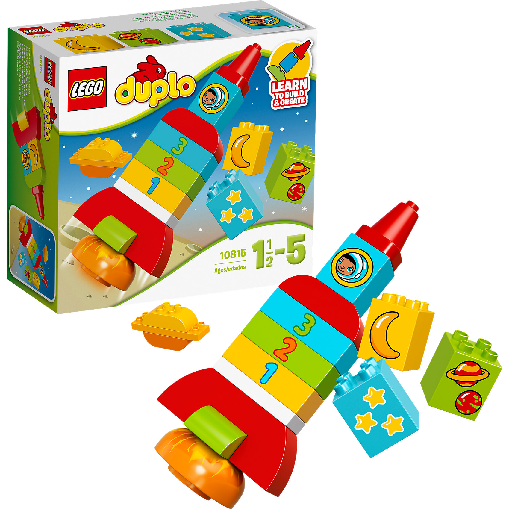 LEGO DUPLO 10815: Моя первая ракета LEGO DUPLO 10815: Моя первая ракетаКонструкторы для малышей<br>LEGO DUPLO 10815: Моя первая ракета - это крупноблочный конструктор, с которым Ваш малыш будет увлечённо играть часами.<br>LEGO DUPLO 10815: Моя первая ракета создан для всестороннего развития малыша. Вместе с набором ребенок сможет «полететь» в космос, самостоятельно собрав свой первый звездный шатл. Интересное путешествие в загадочную вселенную, даст маленькому создателю много увлекательных моментов. В комплекте вы встретите красочные блоки LEGO DUPLO, украшенные изображениями звезд и планет, а так же три строительные карты. С помощью деталей набора можно построить не только ракету, но и планету или инопланетянина. Поощряйте ролевые игры и помогите ребёнку развить базовые навыки счета, сопоставляя блоки, украшенные луной, 2 планетами и 3 звездами с соответствующими блоками с цифрами. Блоки LEGO DUPLO созданы специально для маленьких детских рук, они восемь раз больше стандартных блоков LEGO. С набором LEGO DUPLO 10815: Моя первая ракета Ваш ребенок сможет легко научиться базовым навыкам конструирования и развить воображение.<br><br>Дополнительная информация:<br><br>- Возраст: от 1,5 до 5 лет<br>- Количество деталей: 18<br>- Размер ракеты в собранном виде: 23х9х6 см.<br>- Материал: высококачественный пластик<br>- Размер упаковки: 20,5 x 9 x 19 см.<br>- Вес: 306 гр.<br><br>Набор LEGO DUPLO 10815: Моя первая ракета можно купить в нашем интернет-магазине.<br><br>Ширина мм: 205<br>Глубина мм: 190<br>Высота мм: 90<br>Вес г: 607<br>Возраст от месяцев: 24<br>Возраст до месяцев: 60<br>Пол: Мужской<br>Возраст: Детский<br>SKU: 4462330