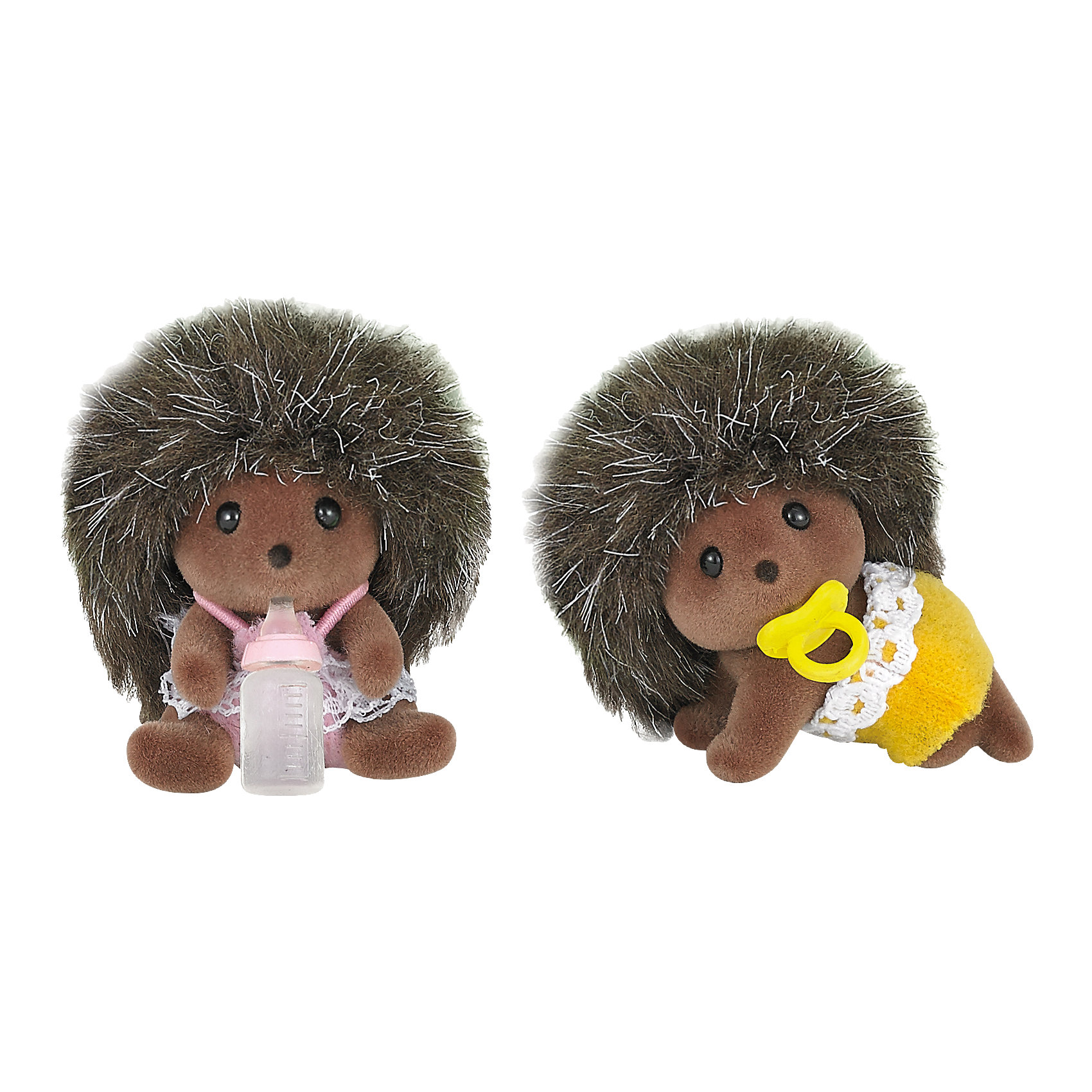 Набор Ежата-двойняшки, Sylvanian Families Набор Ежата-двойняшки, Sylvanian FamiliesSylvanian Families<br>Набор Ежата-двойняшки, Sylvanian Families (Сильваниан Фэмилис), приятно порадует Вашего ребенка, особенно если он является поклонником сказочной страны Сильвания Фэмили и ее обитателей. В комплект входят две фигурки очаровательных малышей-ежат в кружевных шортиках. Для веселой игры к<br>ним прилагаются бутылочка с соской и пустышка. Игрушки выполнены из качественного пластика и покрыты приятным на ощупь мягким флоком. <br><br>Sylvanian Families (Сильваниан Фэмилис) - это целая серия игровых наборов и забавных зверюшек, которые объединены общим сюжетом: лесные обитатели живут большими семьями в своих домиках, в каждой семье есть родители и дети. Из деталей разных наборов можно собрать целый городок, в котором будут школы, магазины, детские сады, больницы, рынок и многое другое. Набор прекрасно подходит для сюжетно-ролевых игр, развивает мелкую моторику, фантазию, мышление и воображение.<br><br>Дополнительная информация:<br><br>- В комплекте: 2 фигурки ежат, соска, бутылочка, буклет. <br>- Материал: пластик, флок, текстиль.<br>- Высота фигурки: 5 см.<br>- Размер упаковки: 12 х 8 х 4 см. <br>- Вес: 80 гр.<br><br>Набор Ежата-двойняшки, Sylvanian Families (Сильваниан Фэмилис), можно купить в нашем интернет-магазине.<br><br>Ширина мм: 119<br>Глубина мм: 81<br>Высота мм: 40<br>Вес г: 46<br>Возраст от месяцев: 36<br>Возраст до месяцев: 72<br>Пол: Женский<br>Возраст: Детский<br>SKU: 4471349